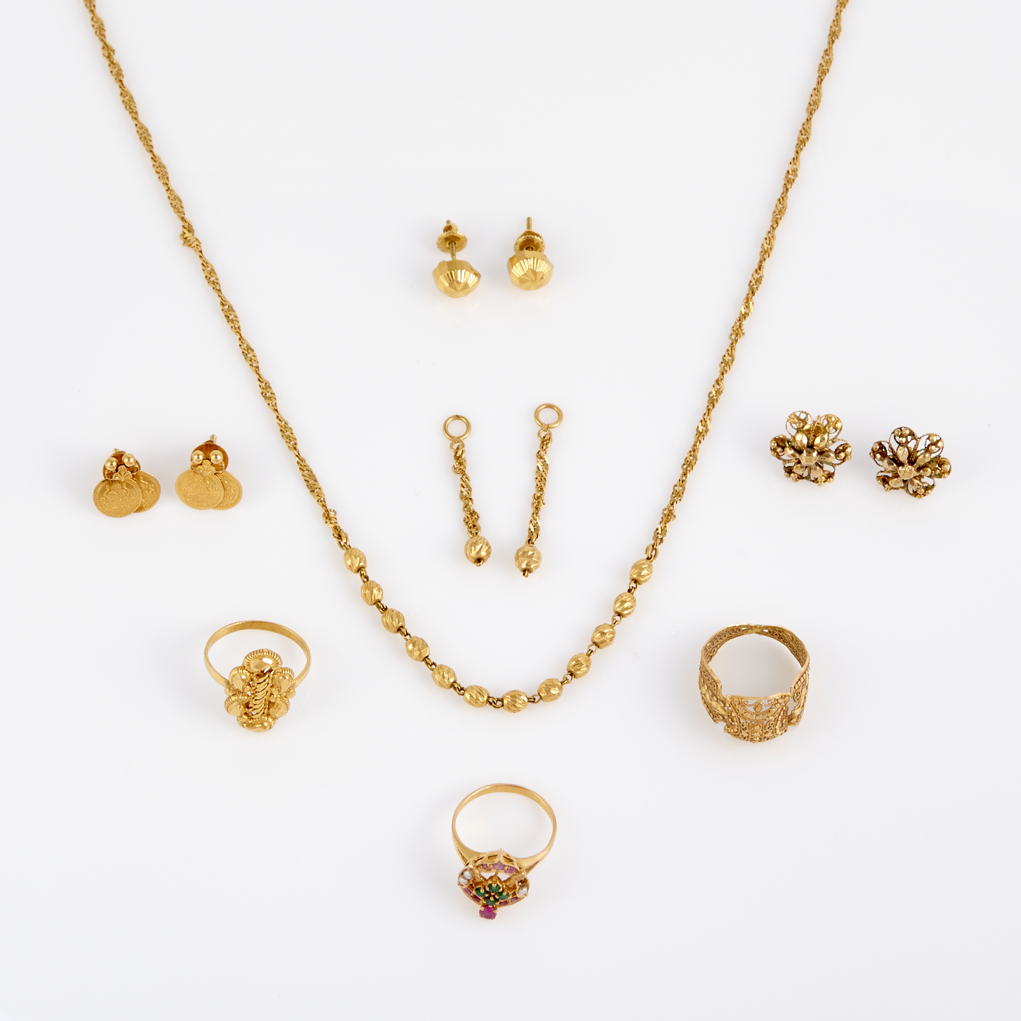 Lot image - Three Gold, Bead and Stone Rings, Necklace, Six Earrings and Two Jackets, 22K 17 dwt. all,          stone missing and damaged