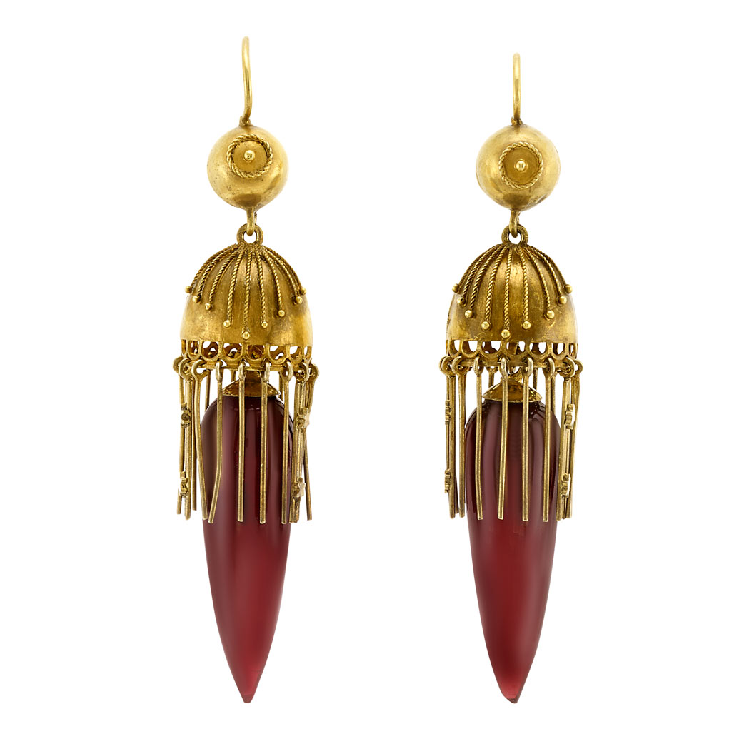 Lot image - Pair of Antique Gold and Garnet Fringe Pendant-Earrings