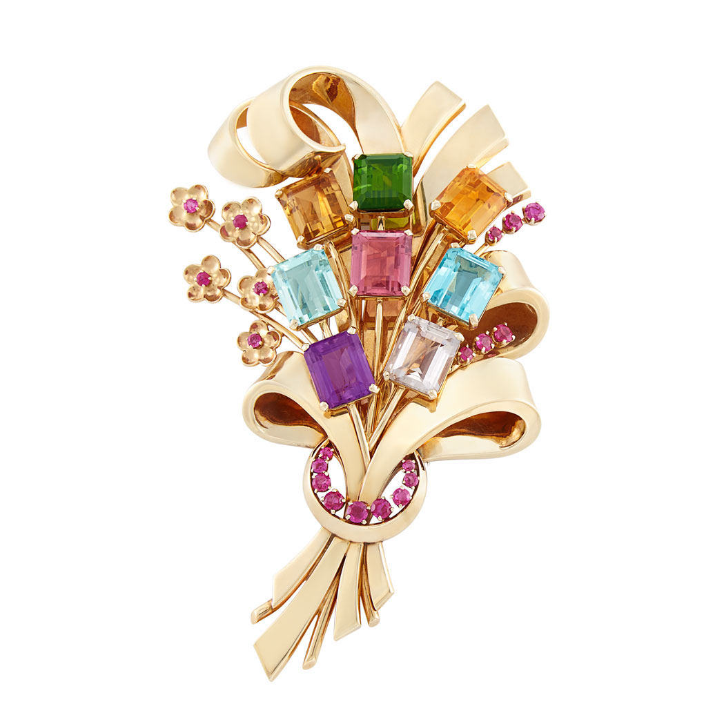 Lot image - Retro Gold and Gem-Set Flower Bouquet Clip-Brooch