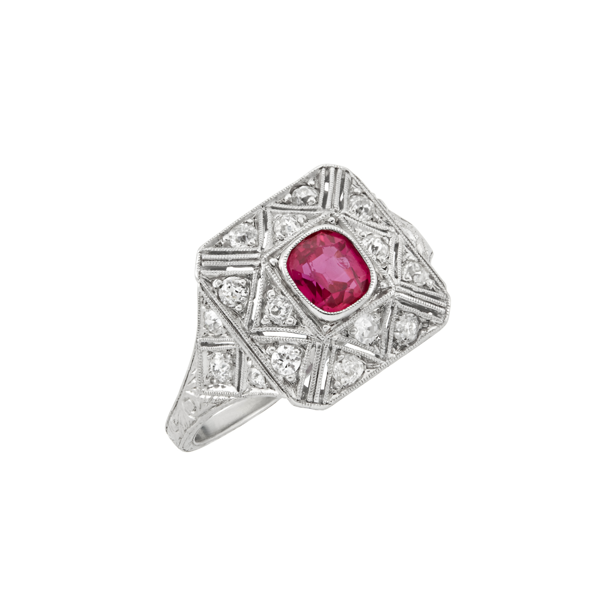 Lot image - Art Deco Platinum, Ruby and Diamond Ring