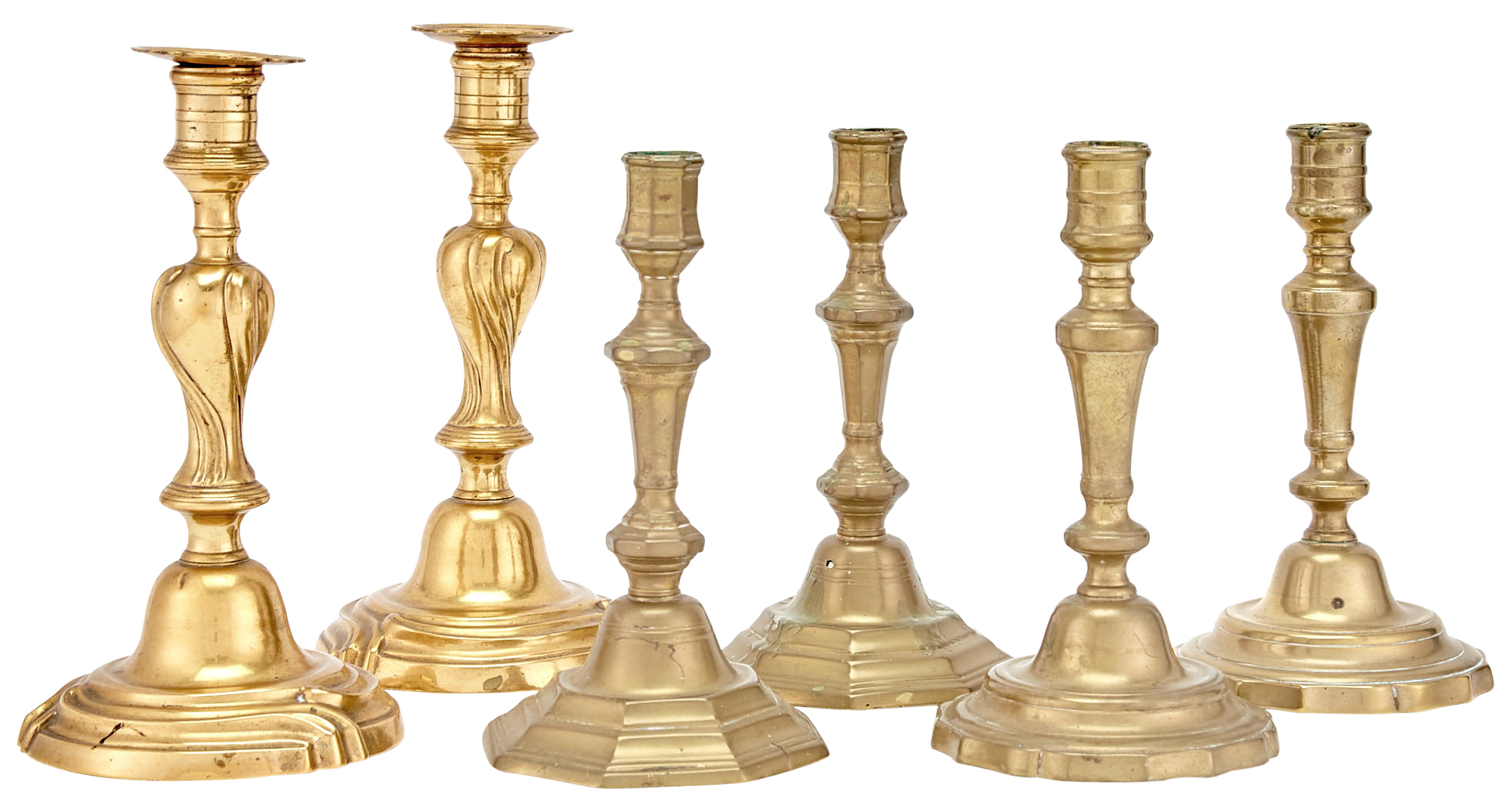 Lot image - Three Pair of Continental Brass Candlesticks