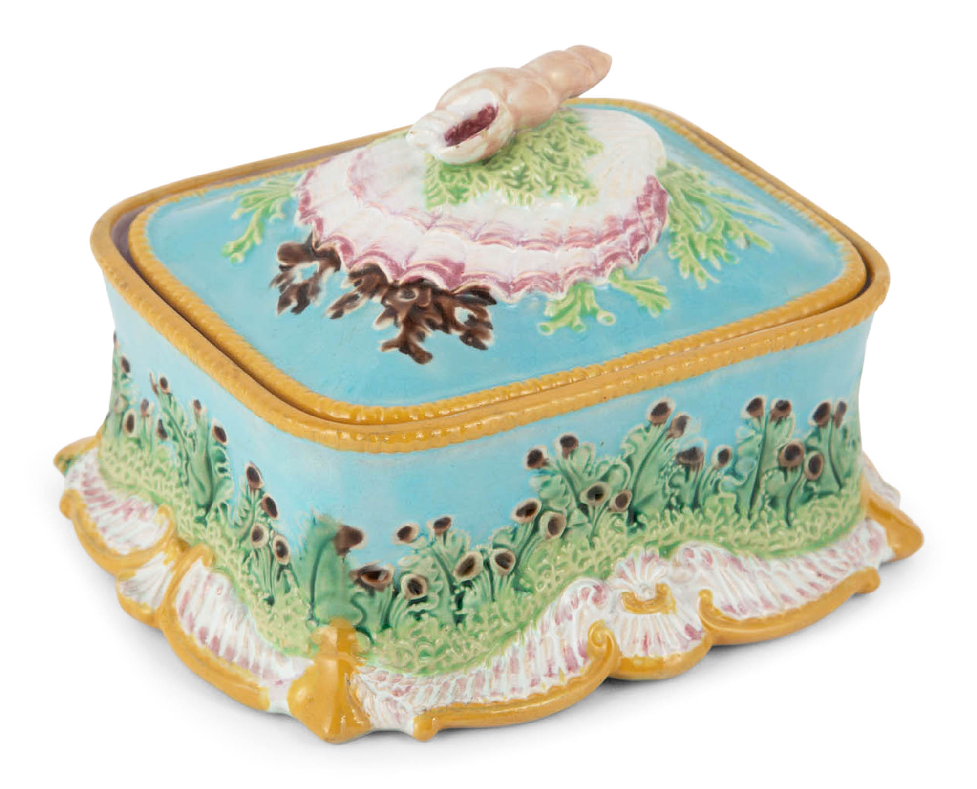 Lot image - George Jones Majolica Turquoise-Ground Shell and Seaweed Sardine Box and Cover