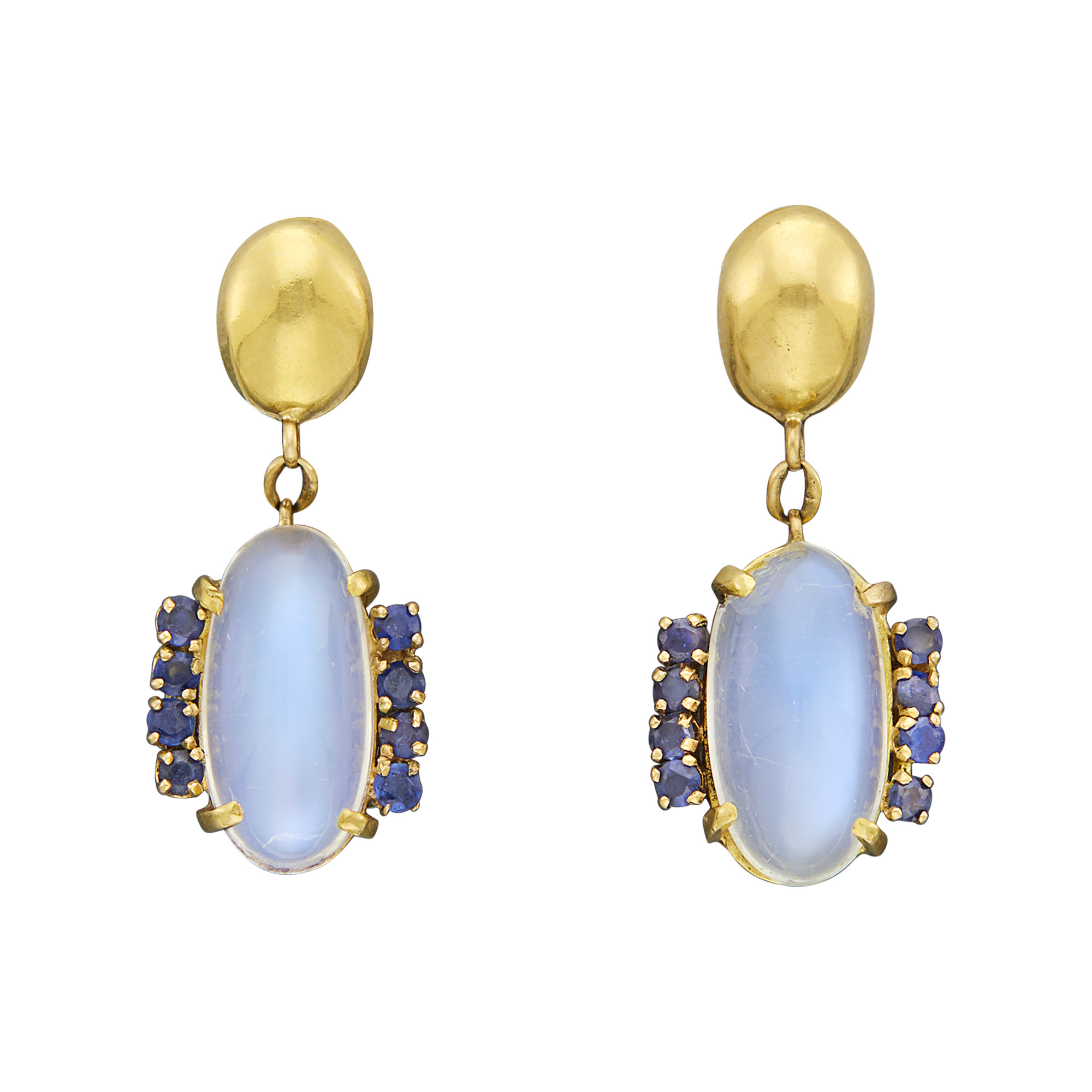 Lot image - Pair of Gold, Moonstone and Sapphire Pendant-Earrings