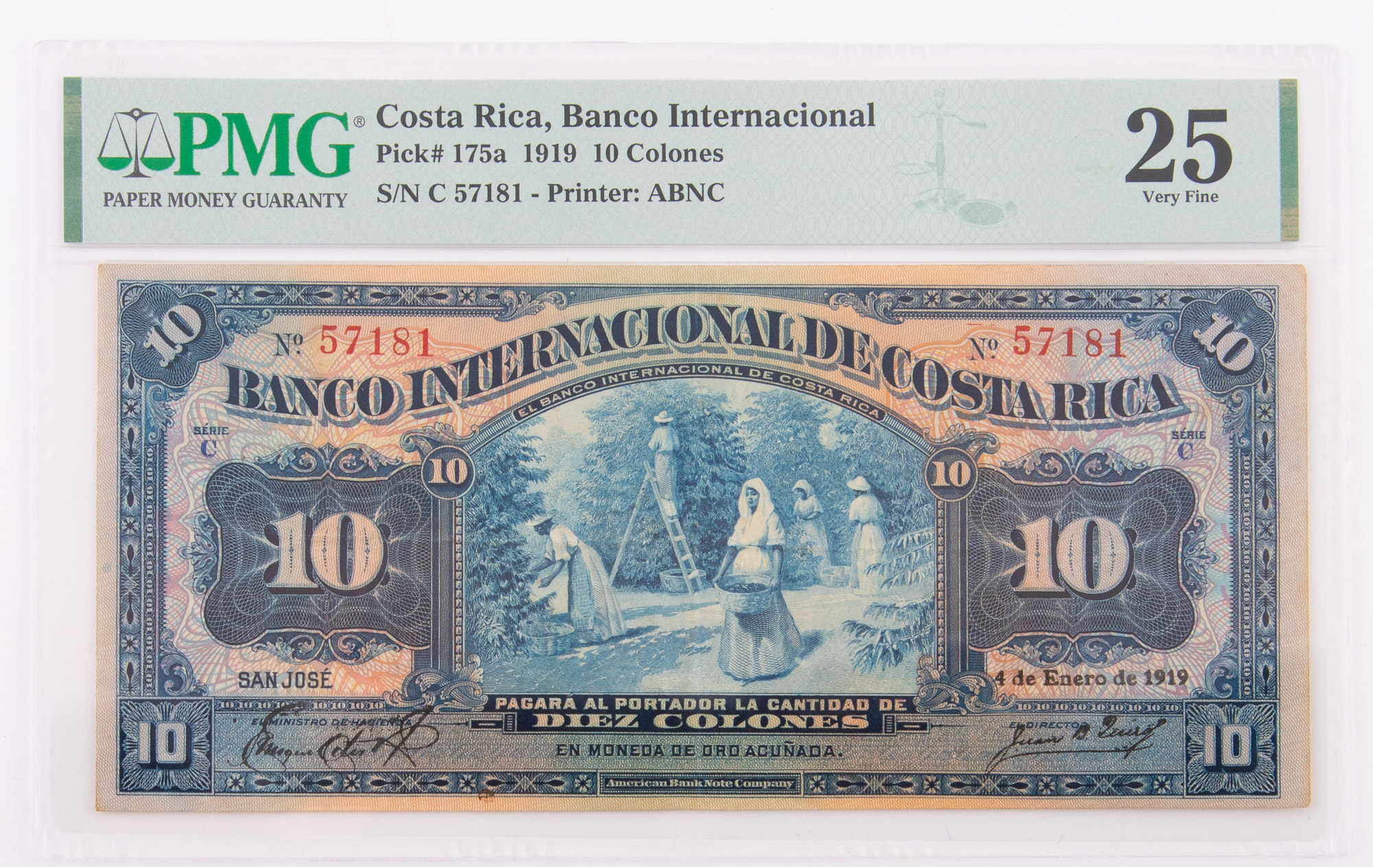 Lot image - Costa Rica, Banco Internacional Series C 1919 Diez Colones Pick# 175a PMG 25