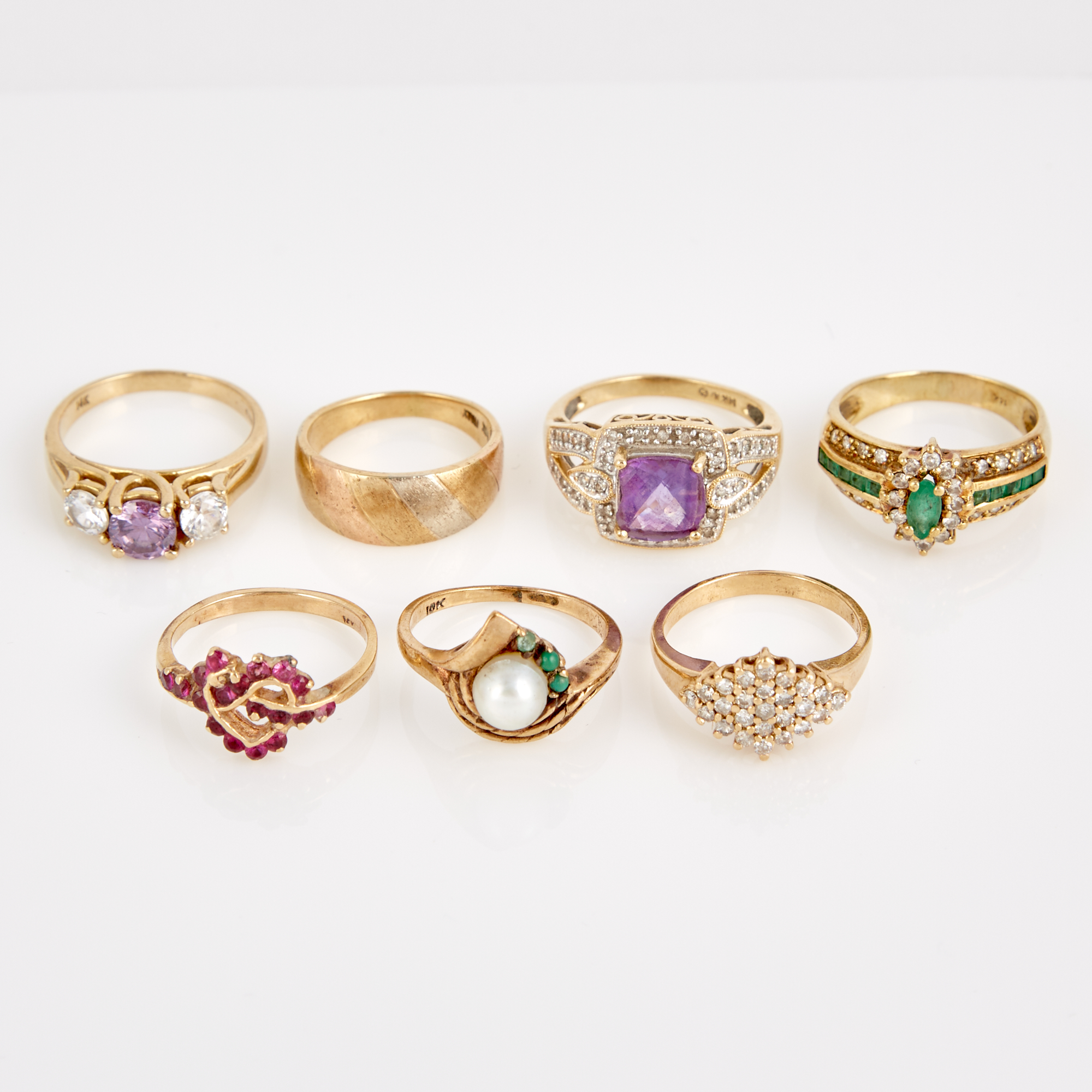 Lot image - Three Diamond and Stone Rings and Four Gold, Bead and Stone Rings, 14K 15 dwt. and 10K 2 dwt. all