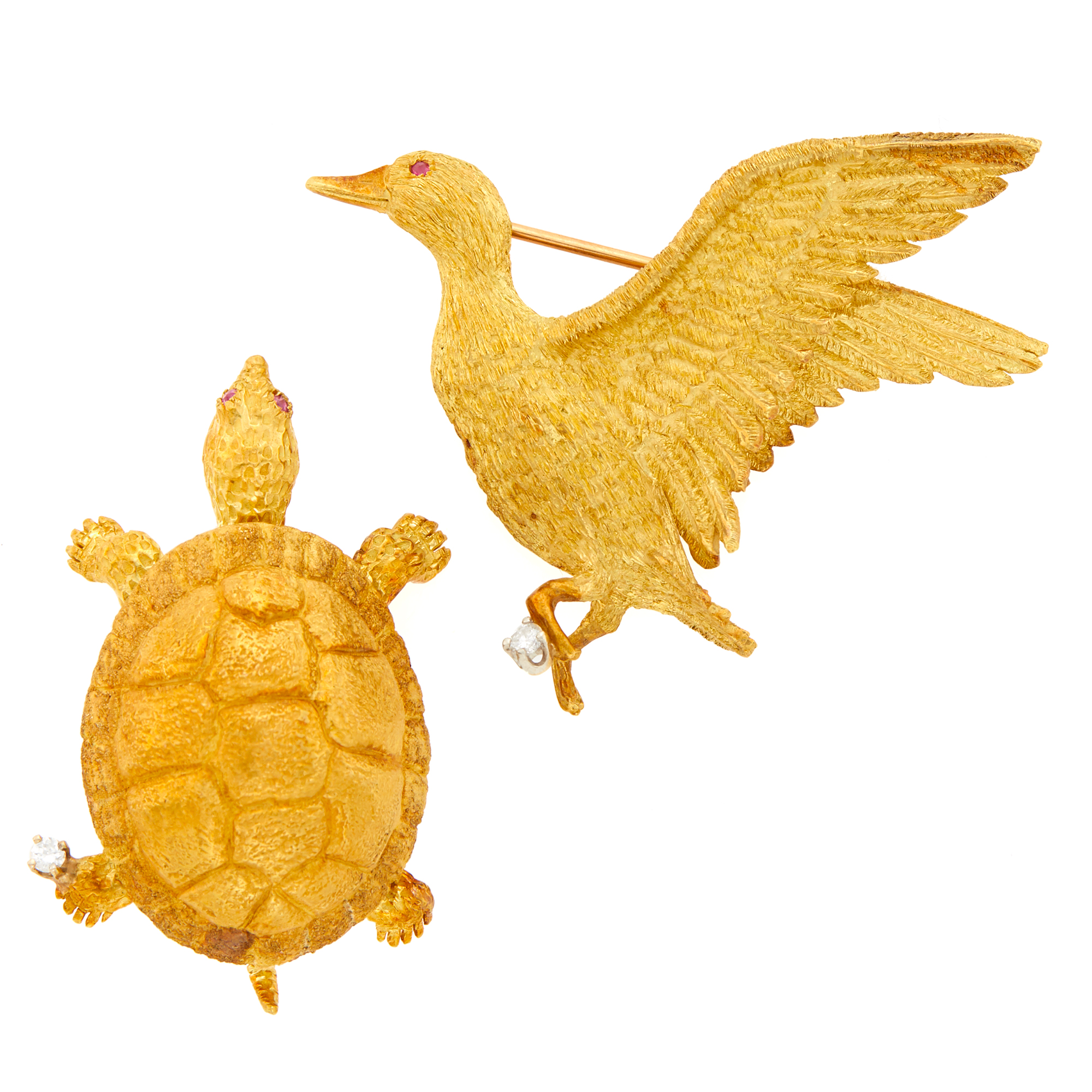 Lot image - Two Gold and Diamond Goose and Turtle Pins