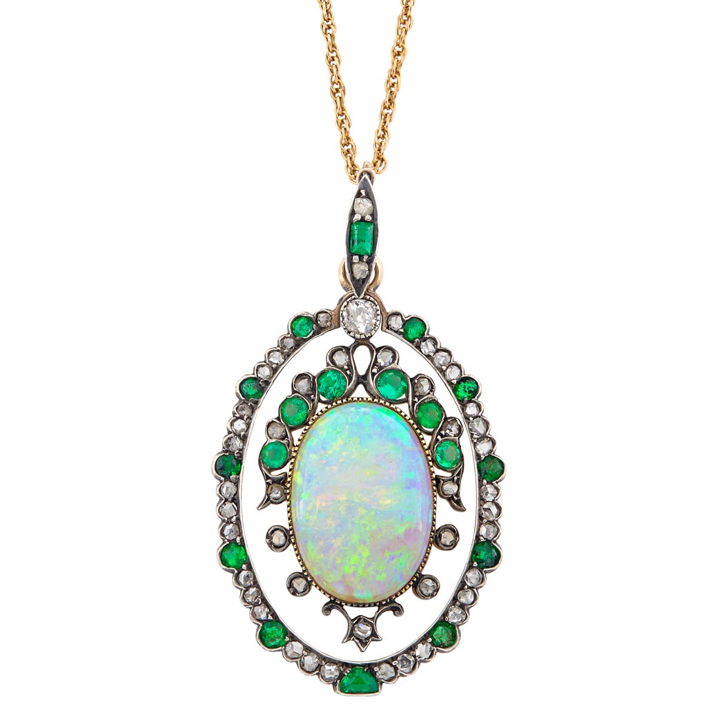 Lot image - Antique Silver, Gold, Opal, Emerald and Diamond Pendant and Gold Chain