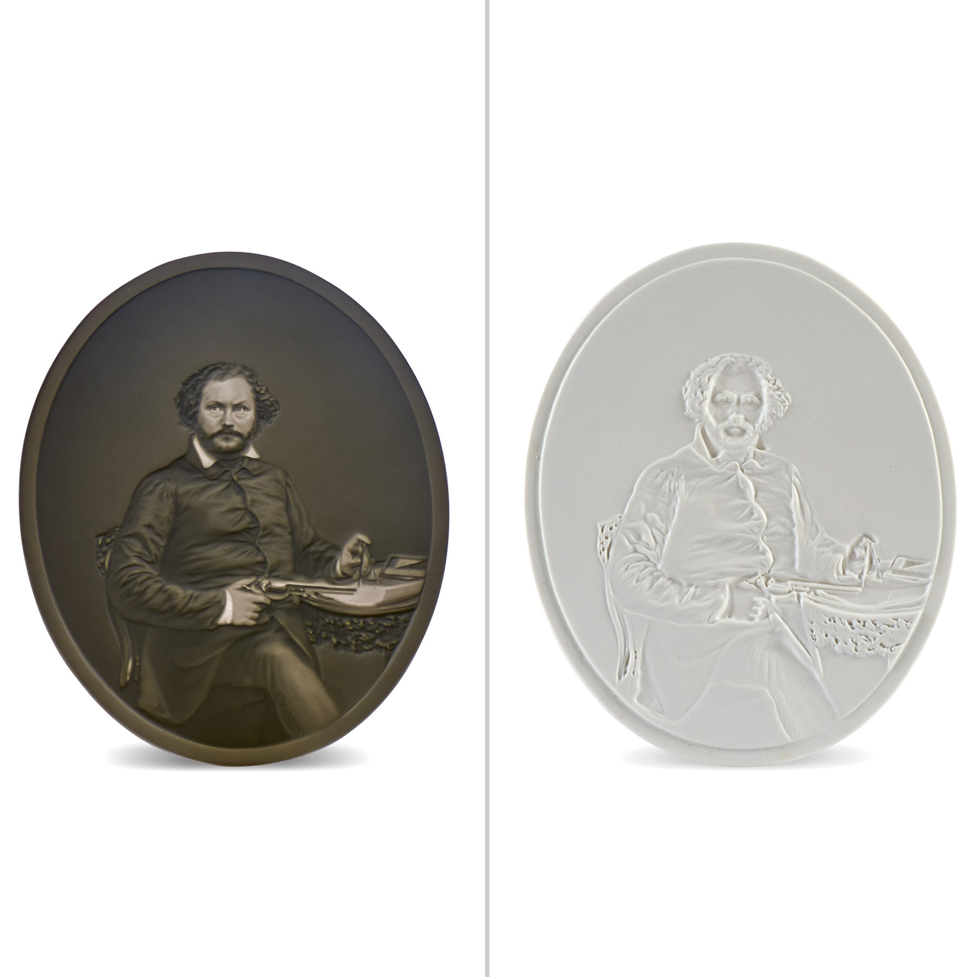 Lot image - [COLT, SAMUEL]  Lithophane Portrait of Samuel Colt holding a revolver