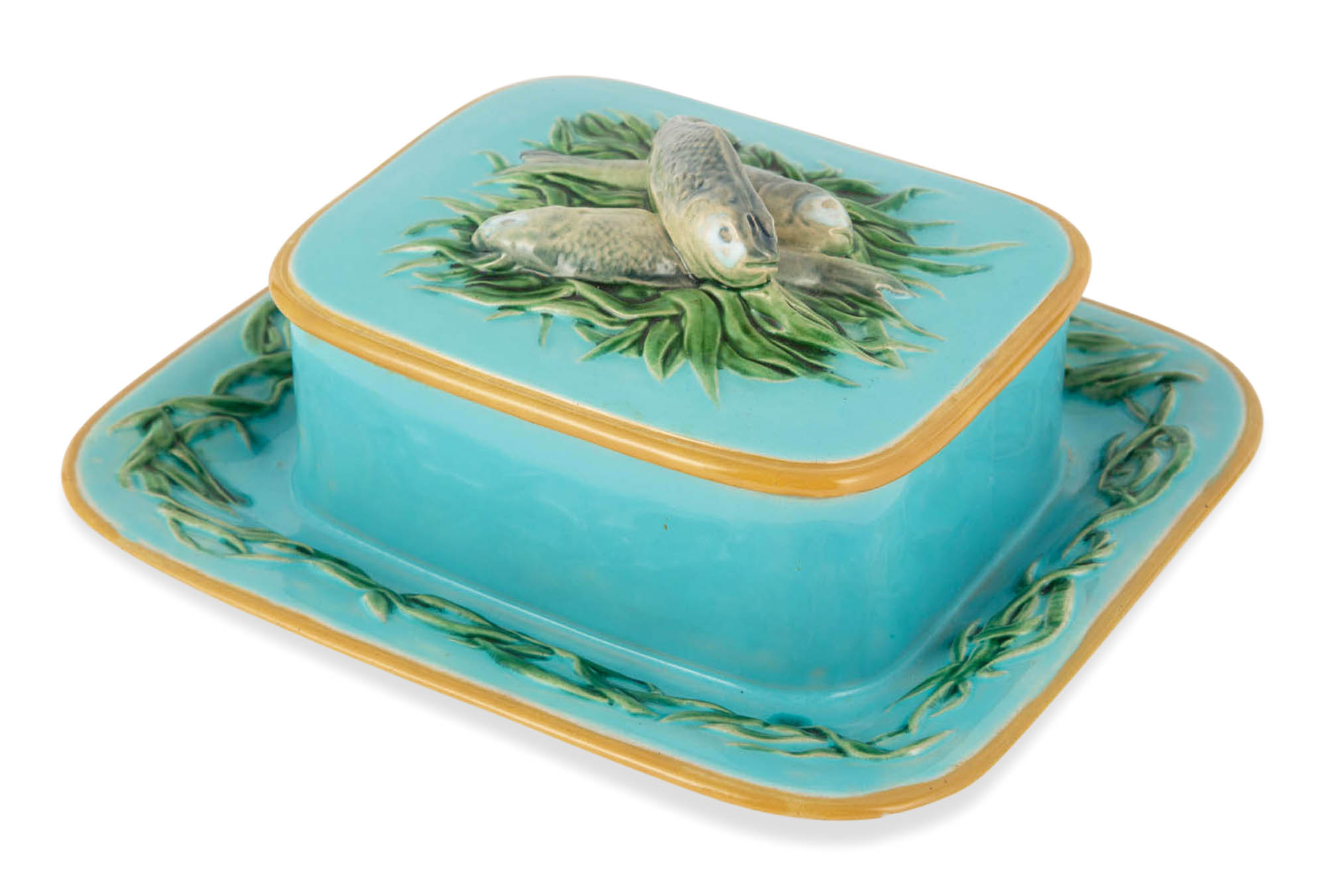 Lot image - Mintons Majolica Turquoise-Ground Three Fish Sardine Box and Cover On Integral Stand