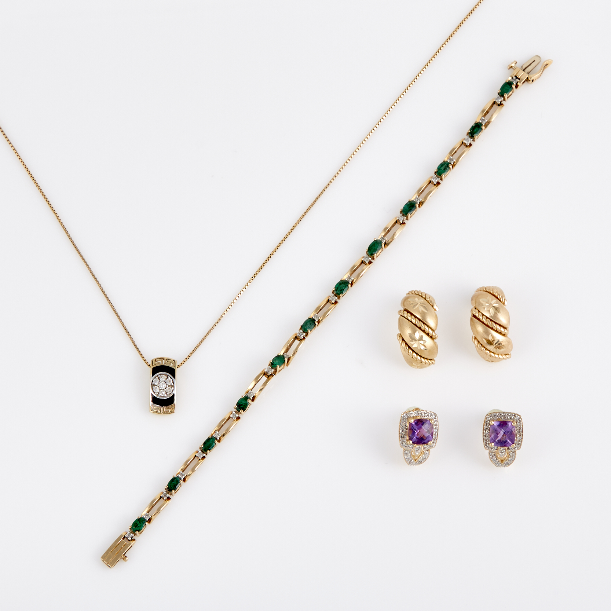 Lot image - Four Gold, Enamel and Stone Earrings, Flexible Bracelet, Pendant and Neck Chain, 14K 15 dwt. all,