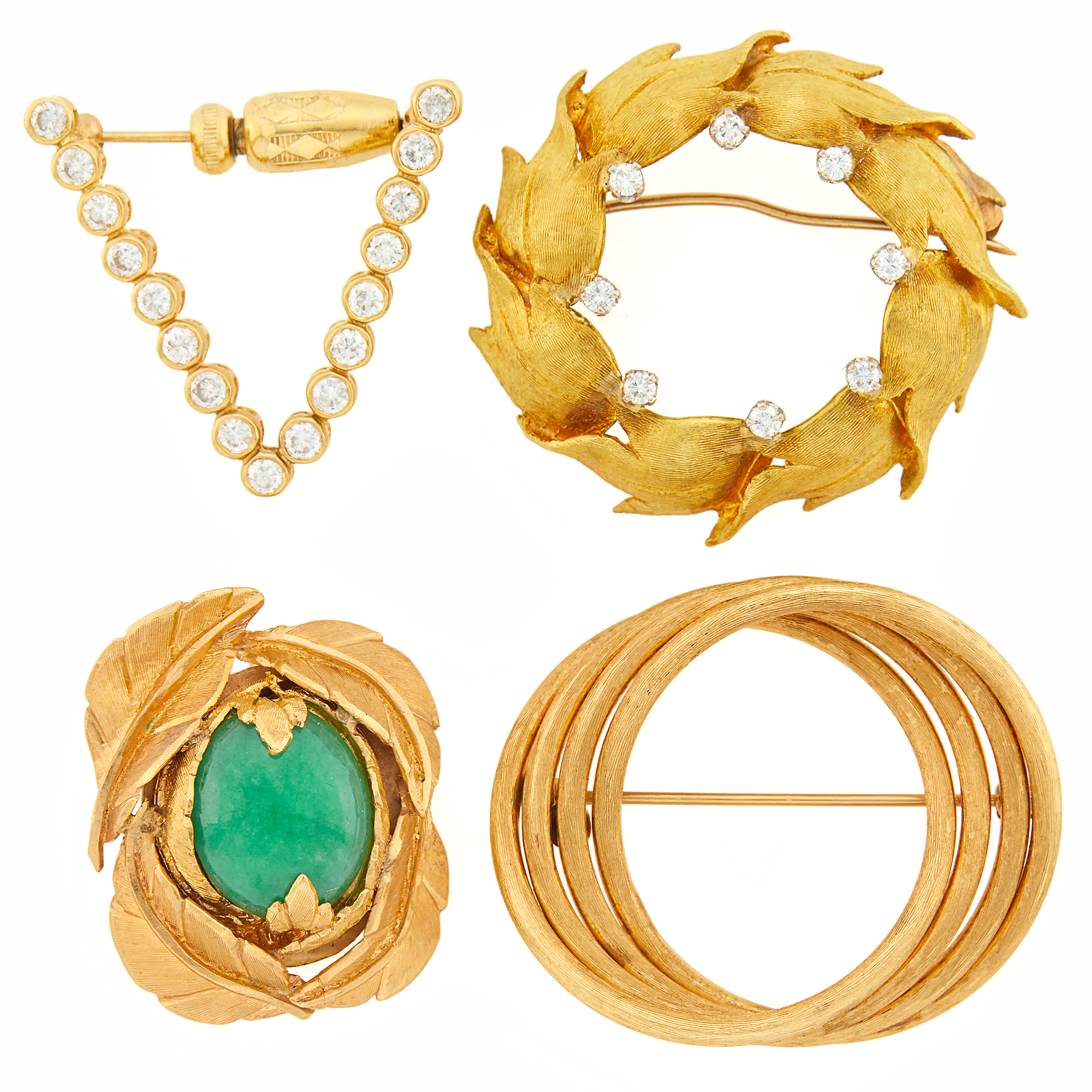 Lot image - Four Gold, Diamond and Adventurine Quartz Brooches