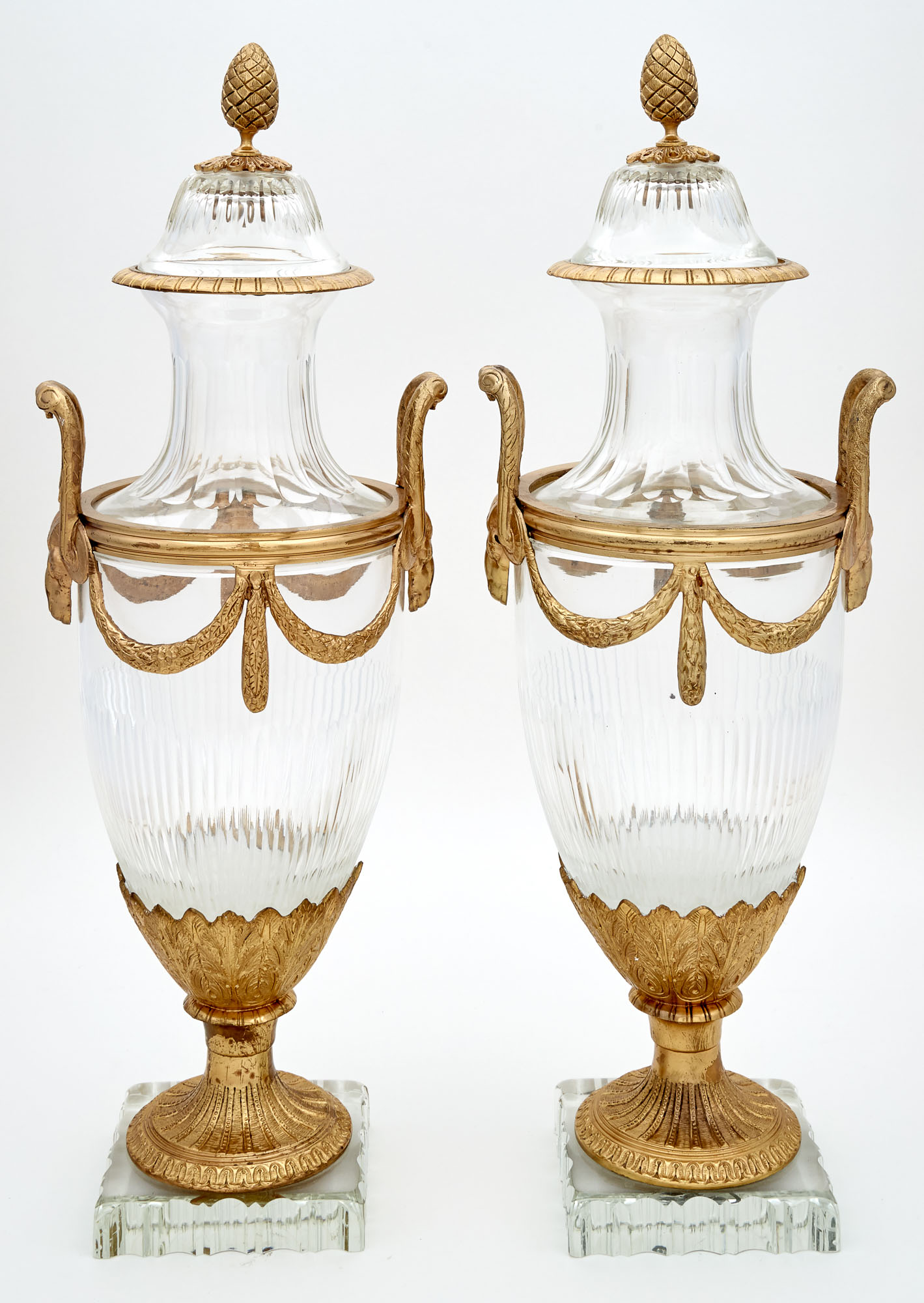 Lot image - Pair of Neoclassical Style Gilt-Metal Mounted Cut Glass Vases and Covers