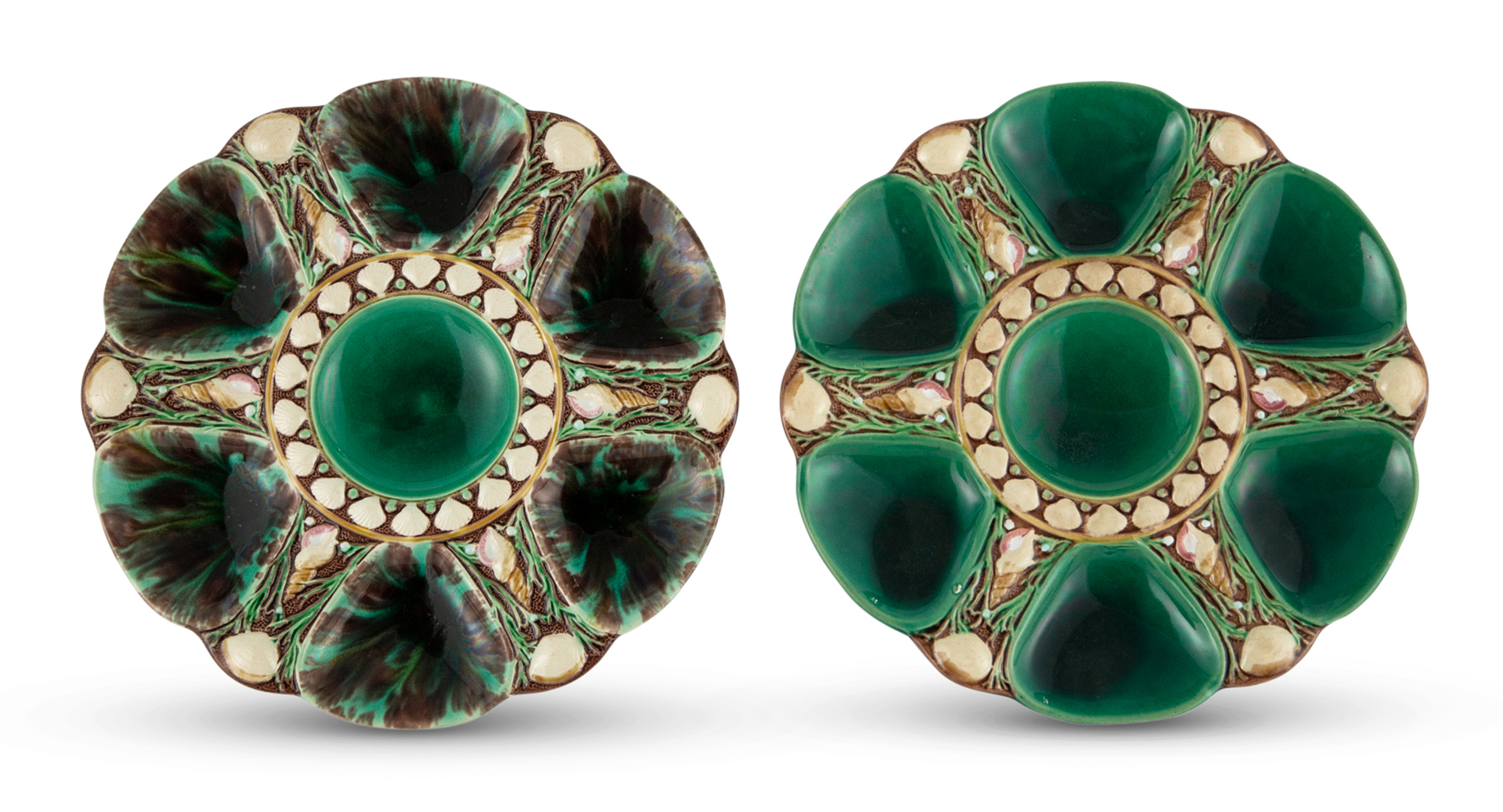 Lot image - Minton Majolica Tortoise-Shell Ground Six-Pocket Oyster Plate