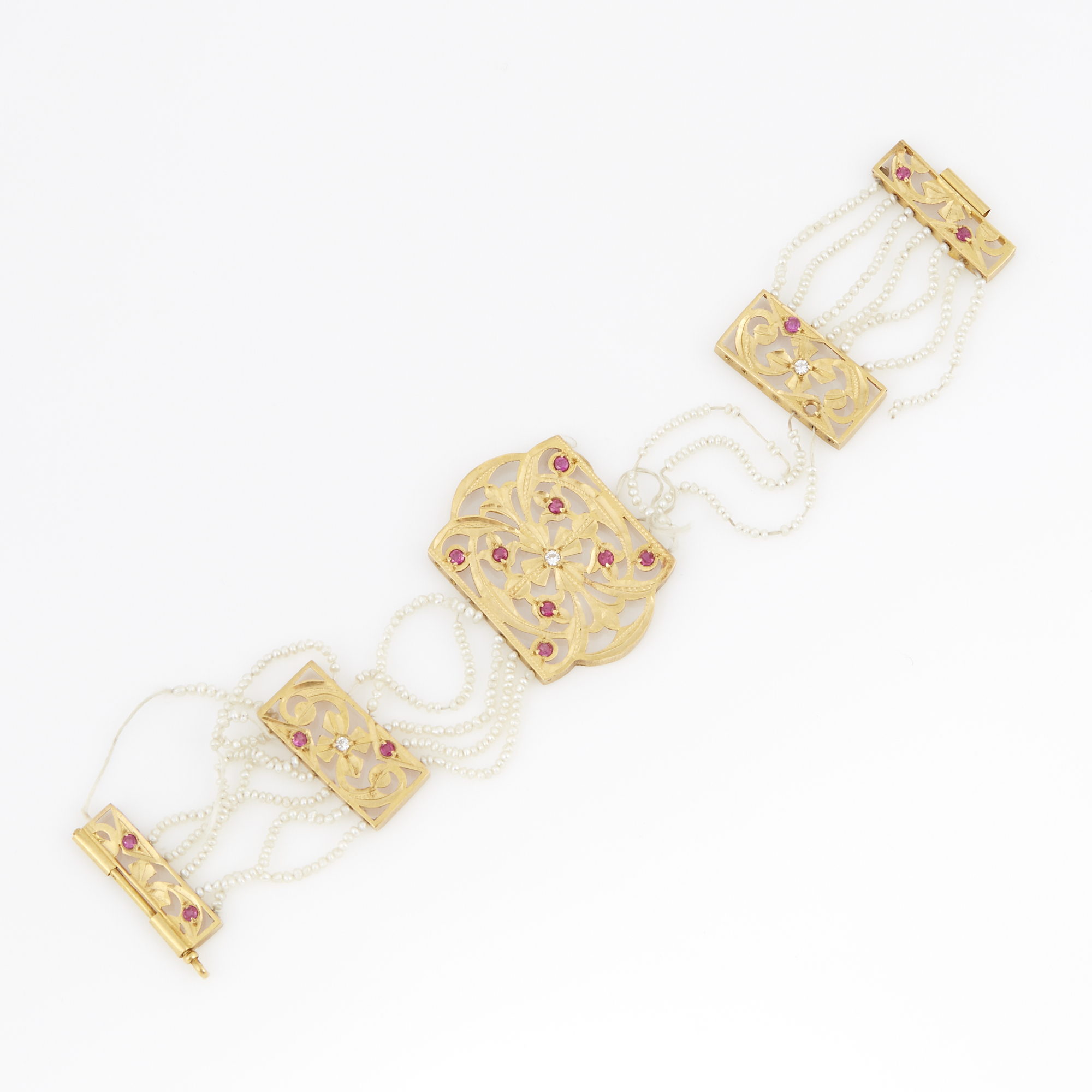 Lot image - Gold, Stone and Bead Flexible Bracelet, 22K 17 dwt. all, stones loose, missing and damaged