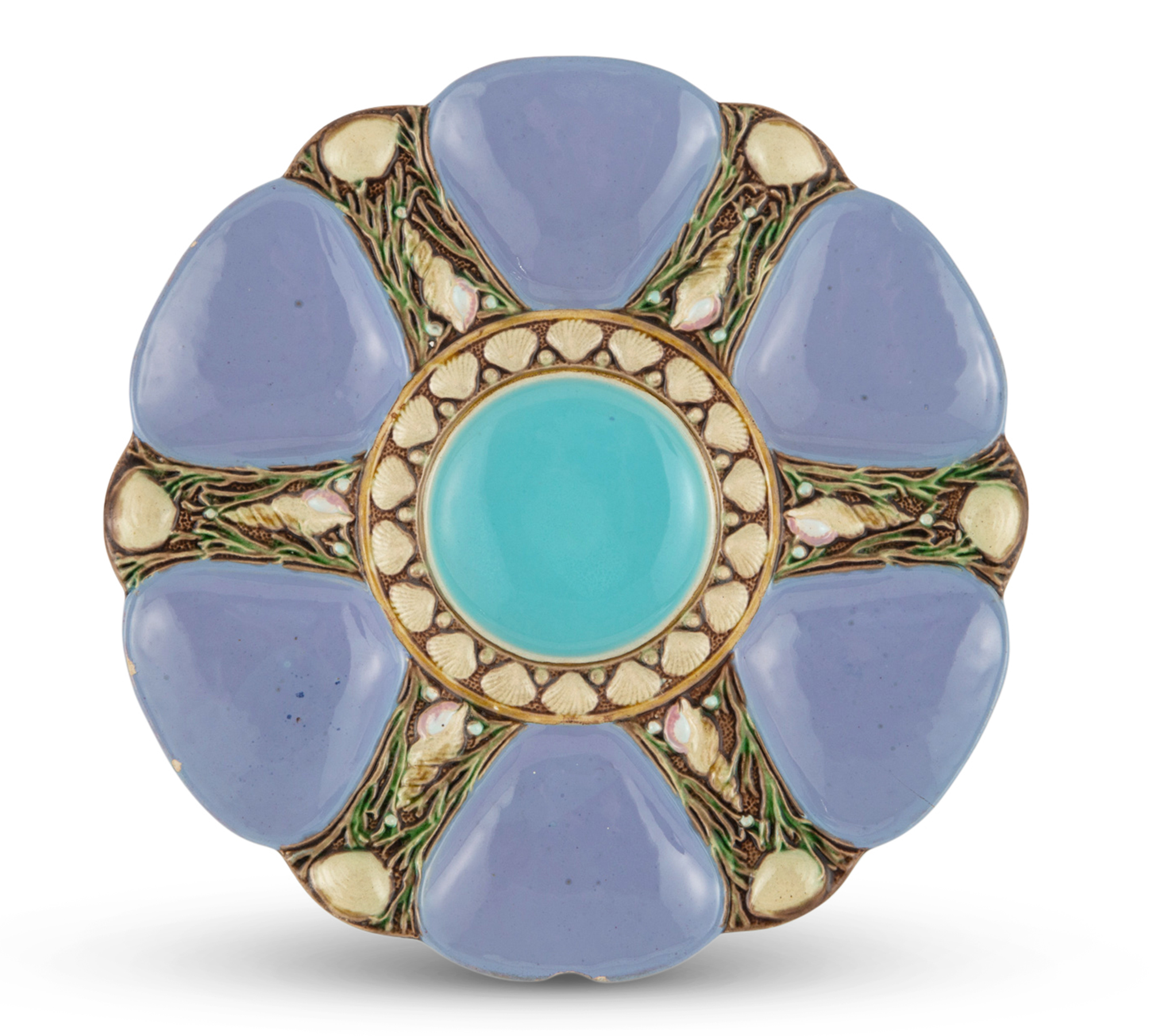 Lot image - Mintons Majolica Lavender-Ground Six-Pocket Oyster Plate