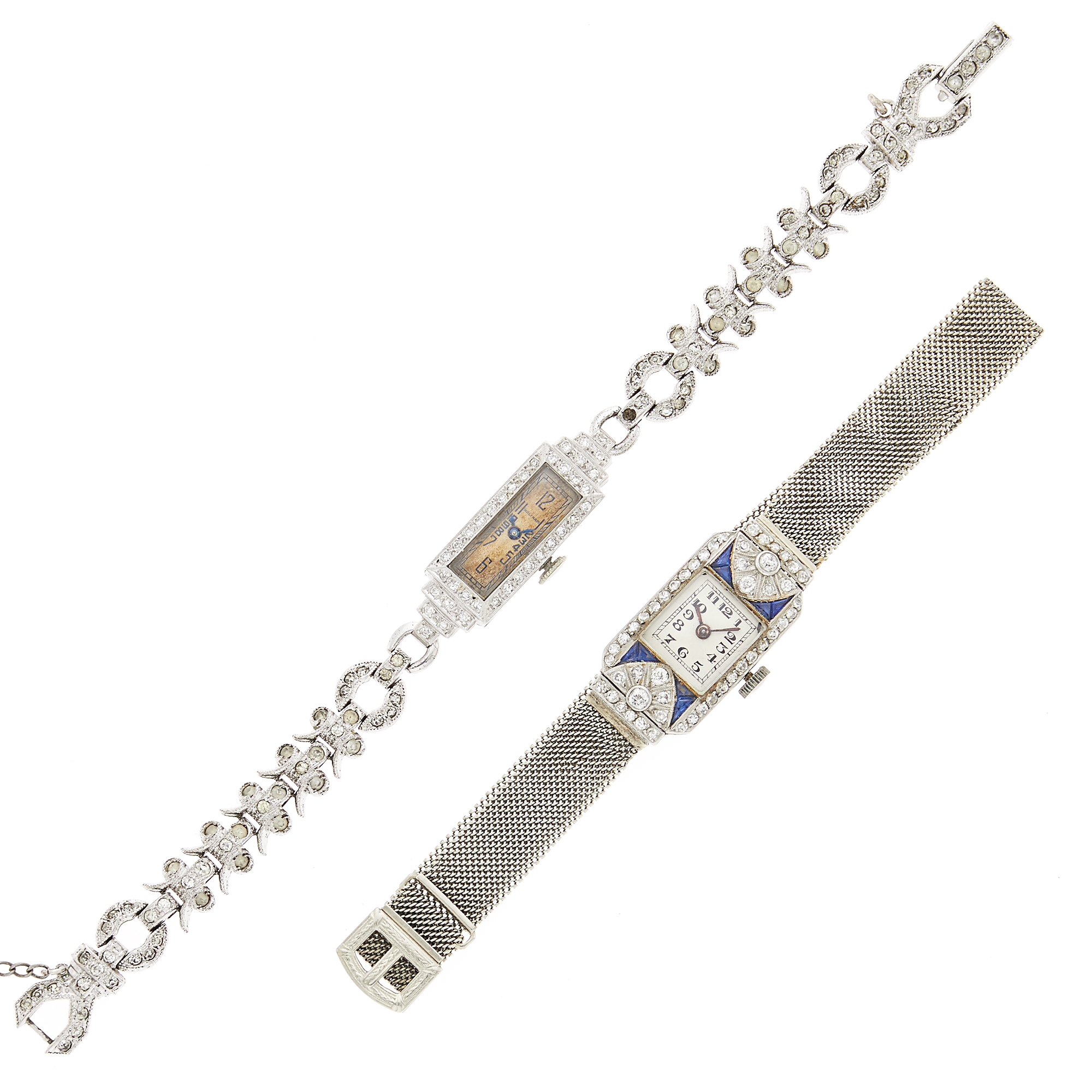 Lot image - Baume & Mercier Platinum, White Gold, Diamond and Sapphire Wristwatch and Diamond Wristwatch with Costume Bracelet