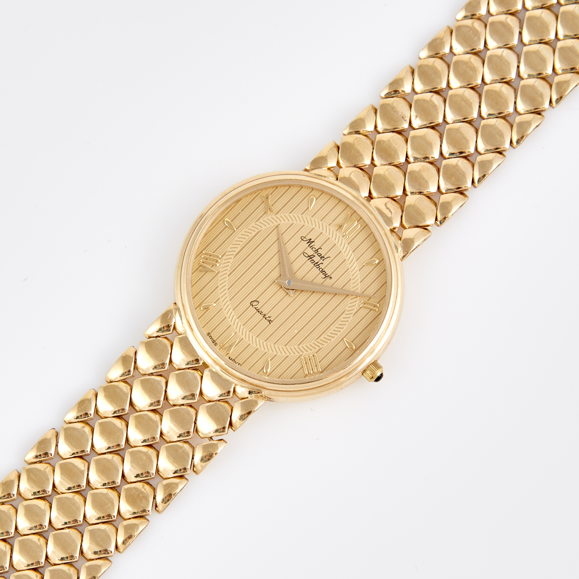 Lot image - Mans Gold Bracelet Watch, Swiss, Quartz, 14K 27 dwt. all