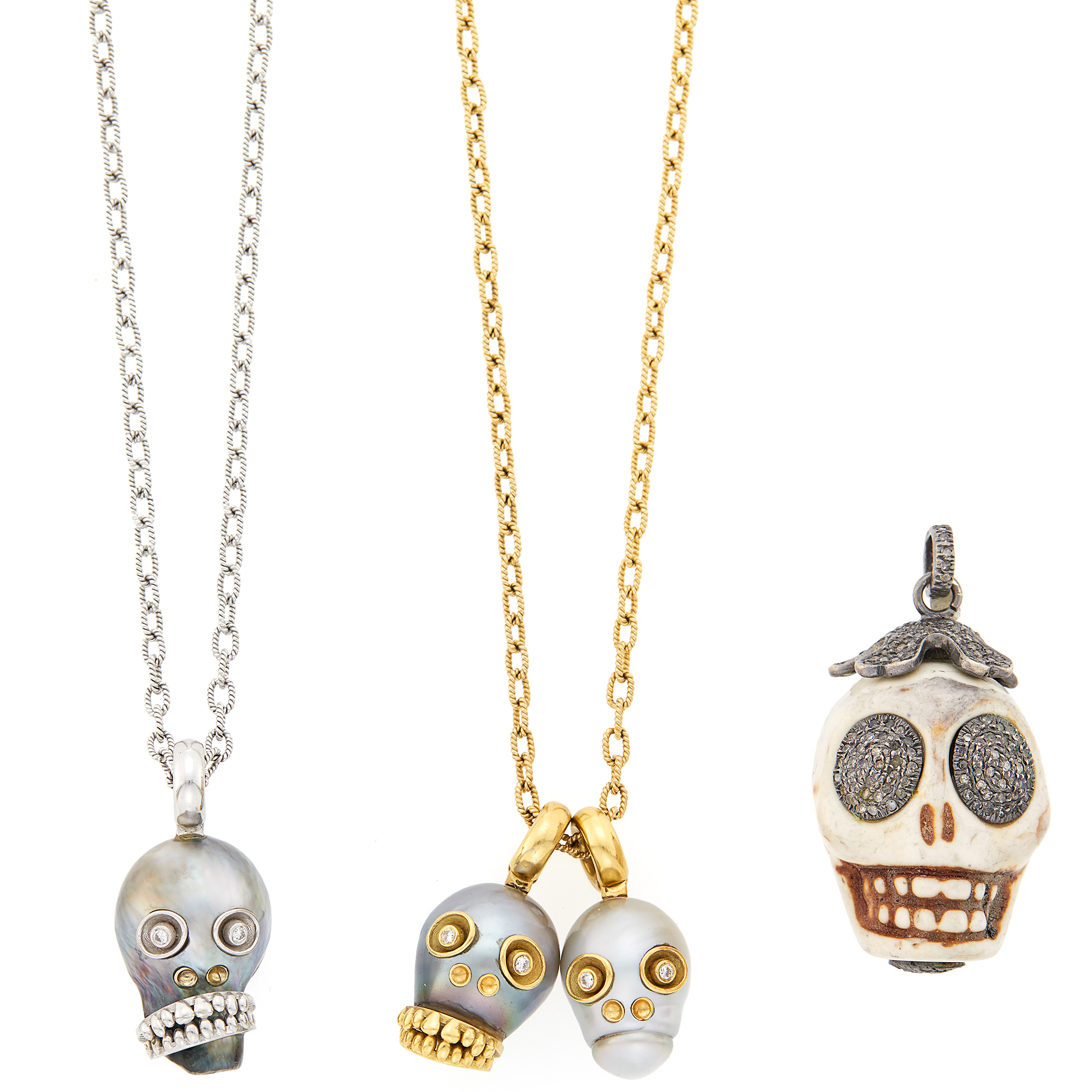 Lot image - Four Gold, Gray and White Baroque South Sea Cultured Pearl, Carved Hardstone and Diamond Skull Pendants with Two Long Chains