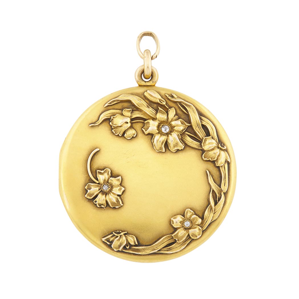 Lot image - Art Nouveau Gold and Diamond Floral Locket