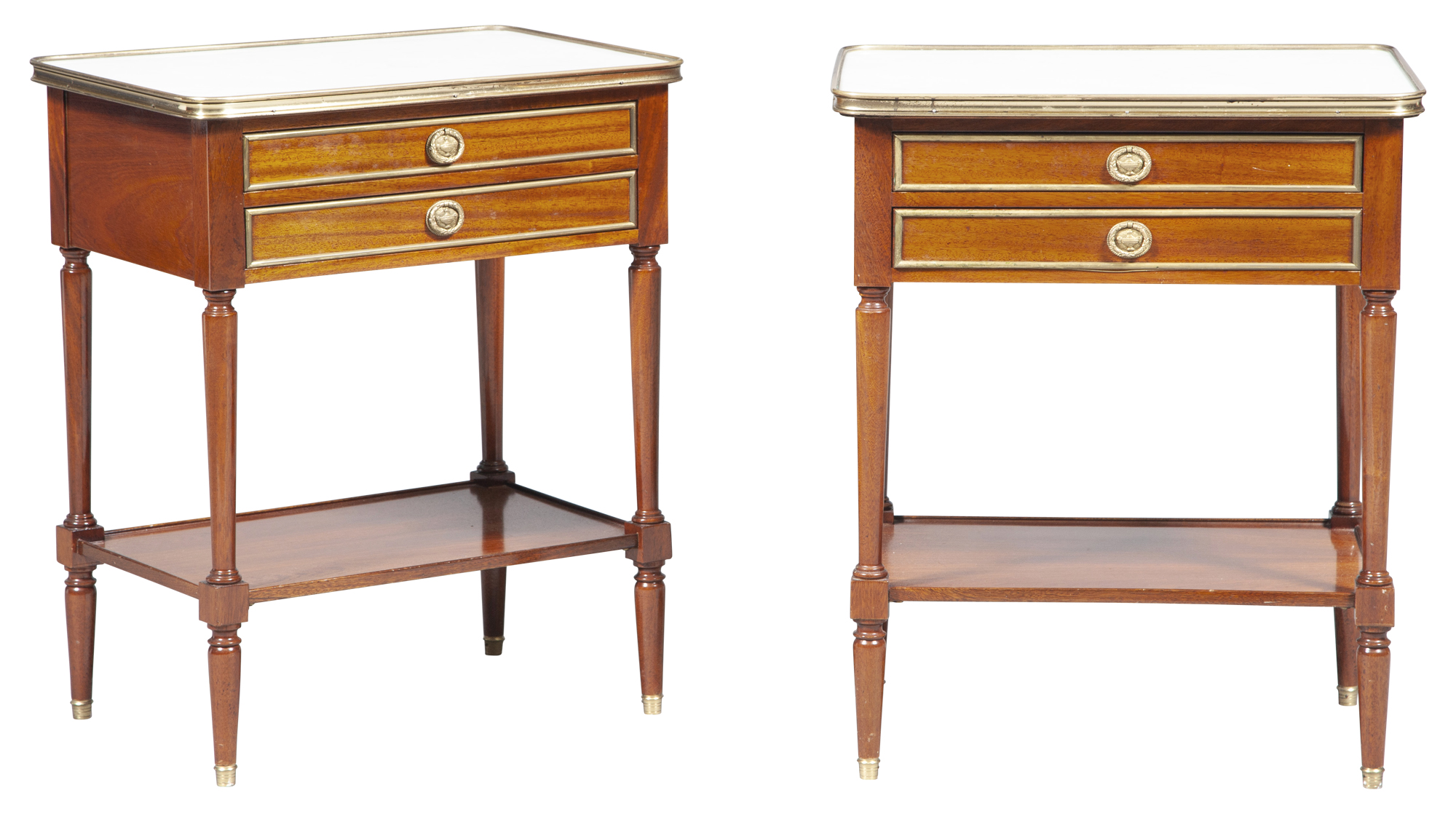 Lot image - Pair of Louis XVI Style Gilt-Metal Mounted Mahogany Bedside Tables