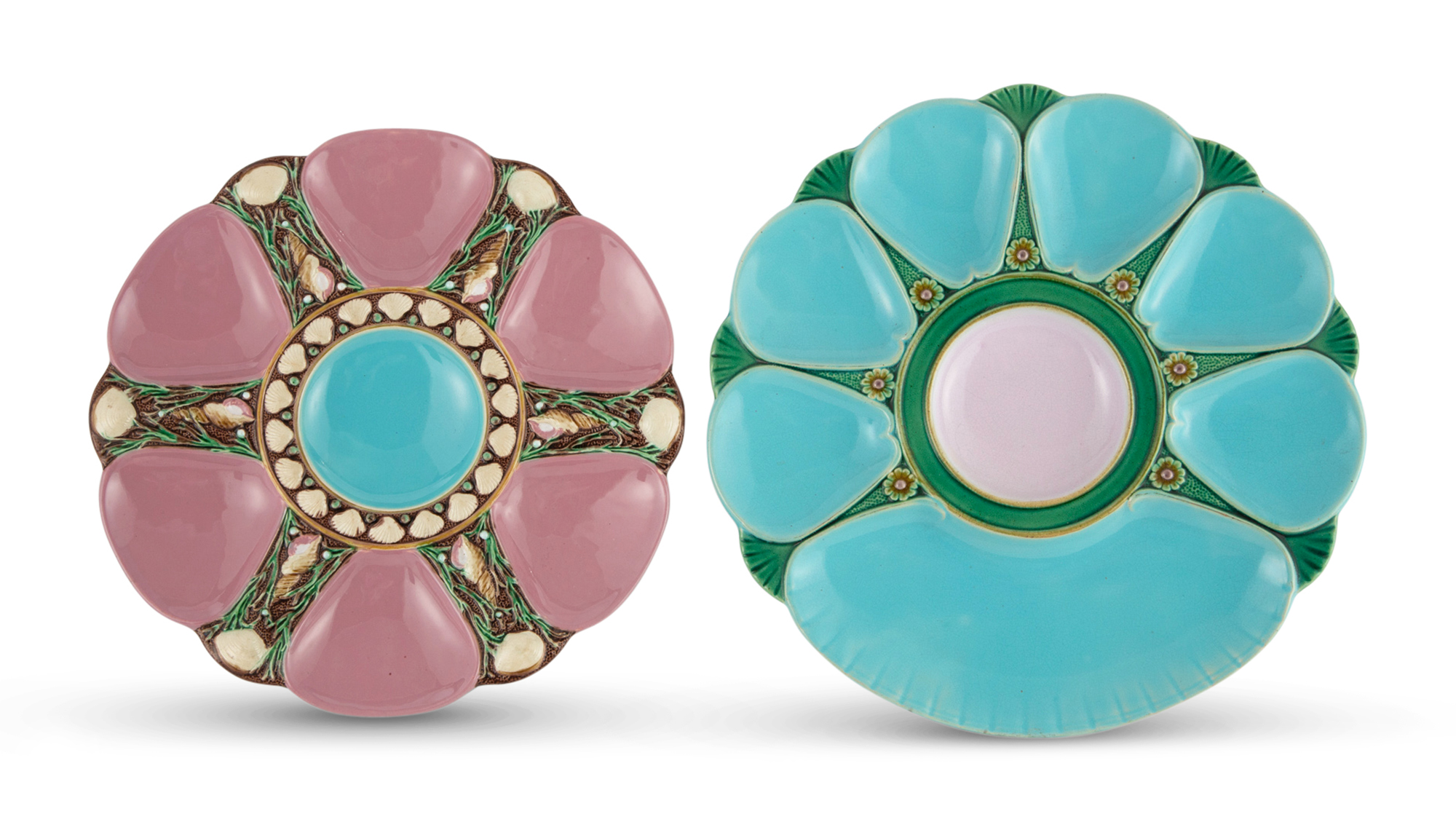 Lot image - Minton Majolica Pale-Pink Ground Six-Pocket Oyster Plate