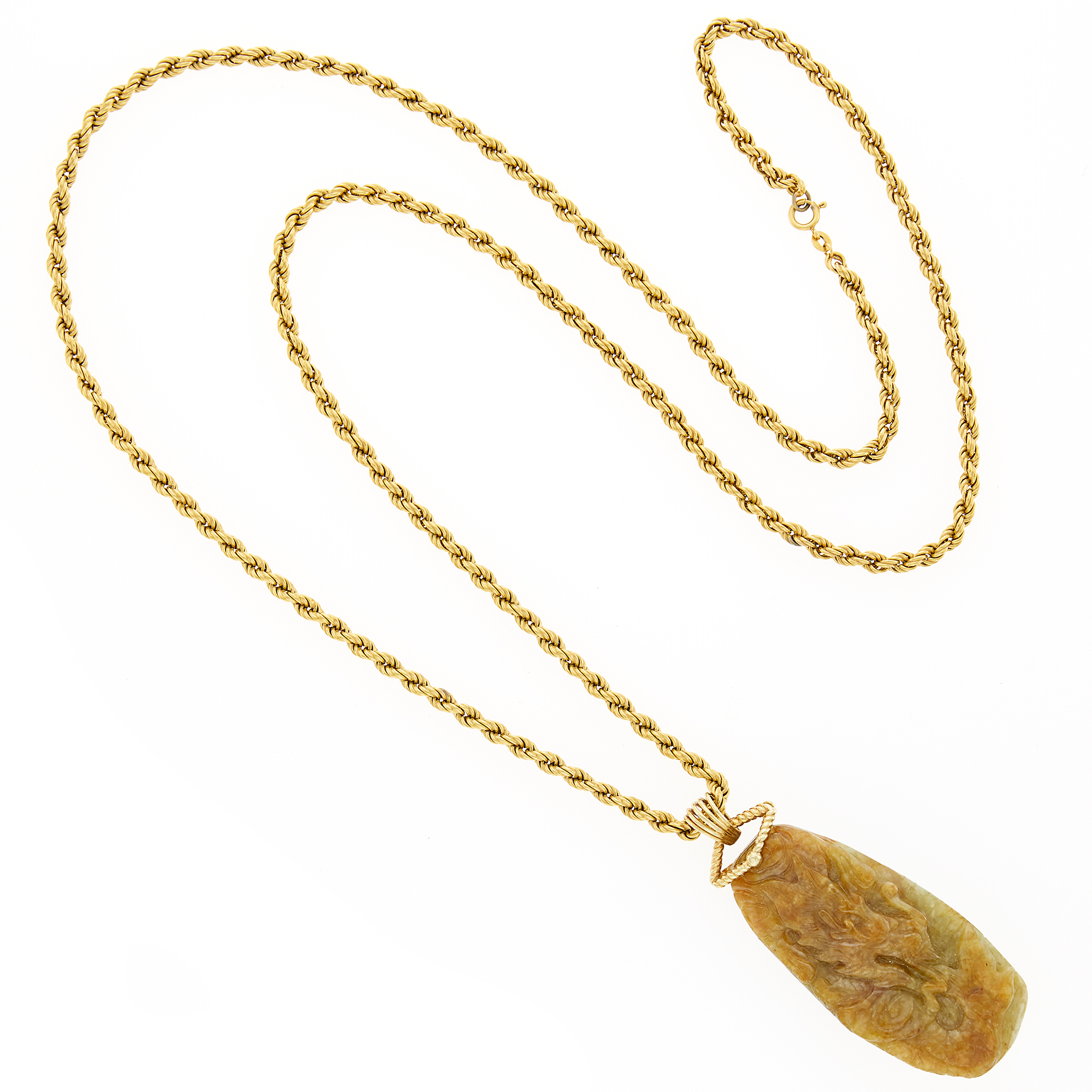 Lot image - Long Gold and Carved Multicolored Jade Pendant-Necklace