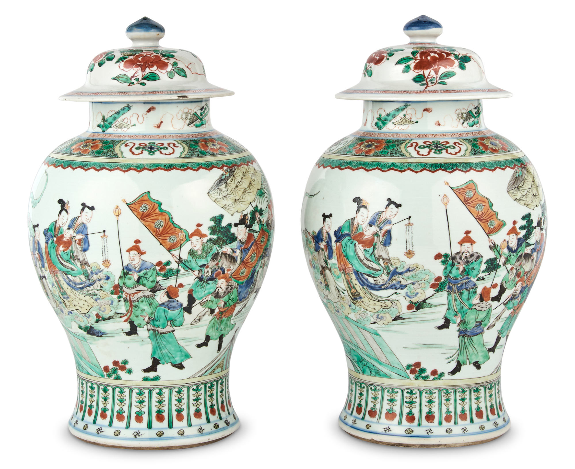 Lot image - A Fine Pair of Chinese Famille Verte Porcelain Baluster Vases and Covers