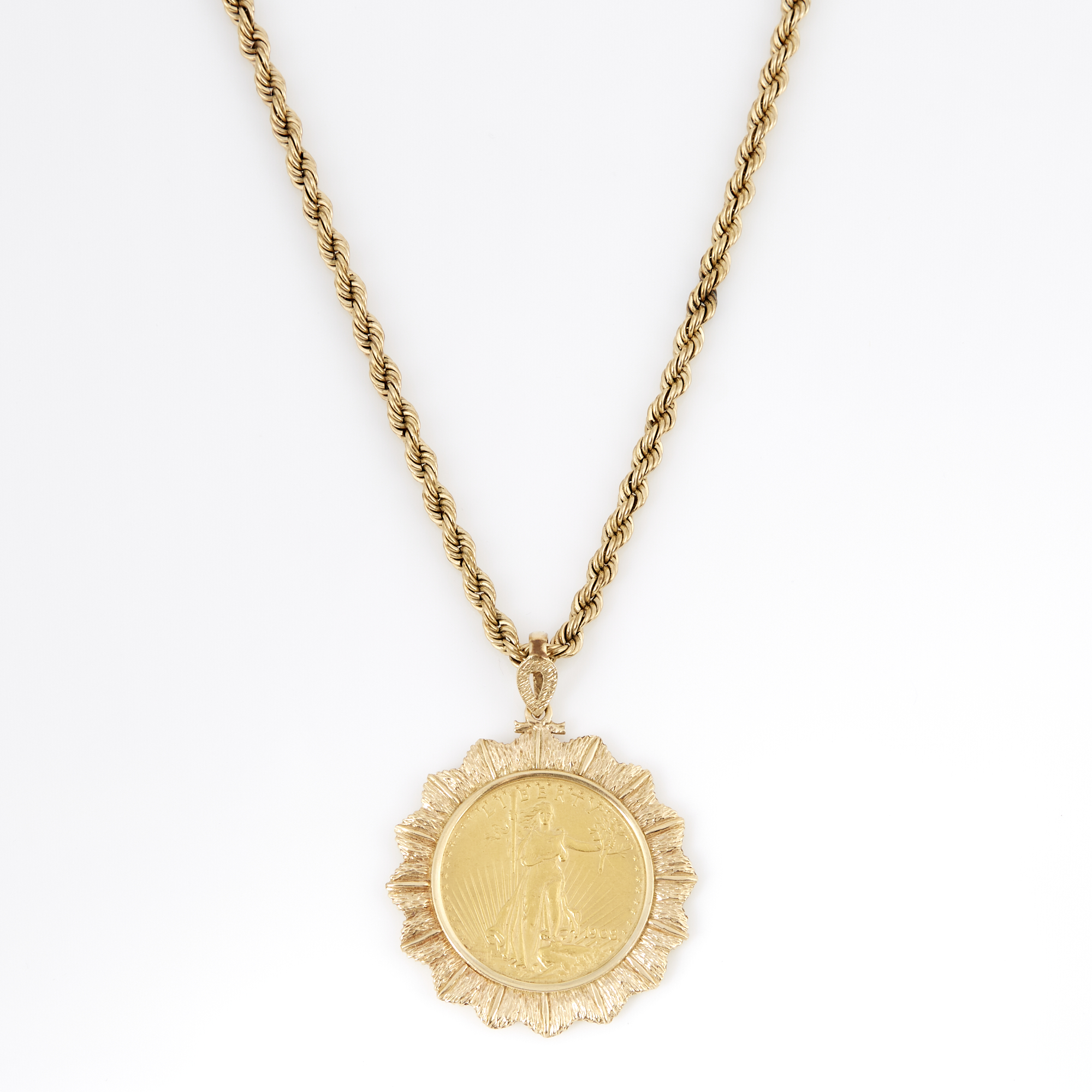 Lot image - Gold Coin Pendant and Neck Chain, 22K 21 dwt. and 14K 40 dwt.