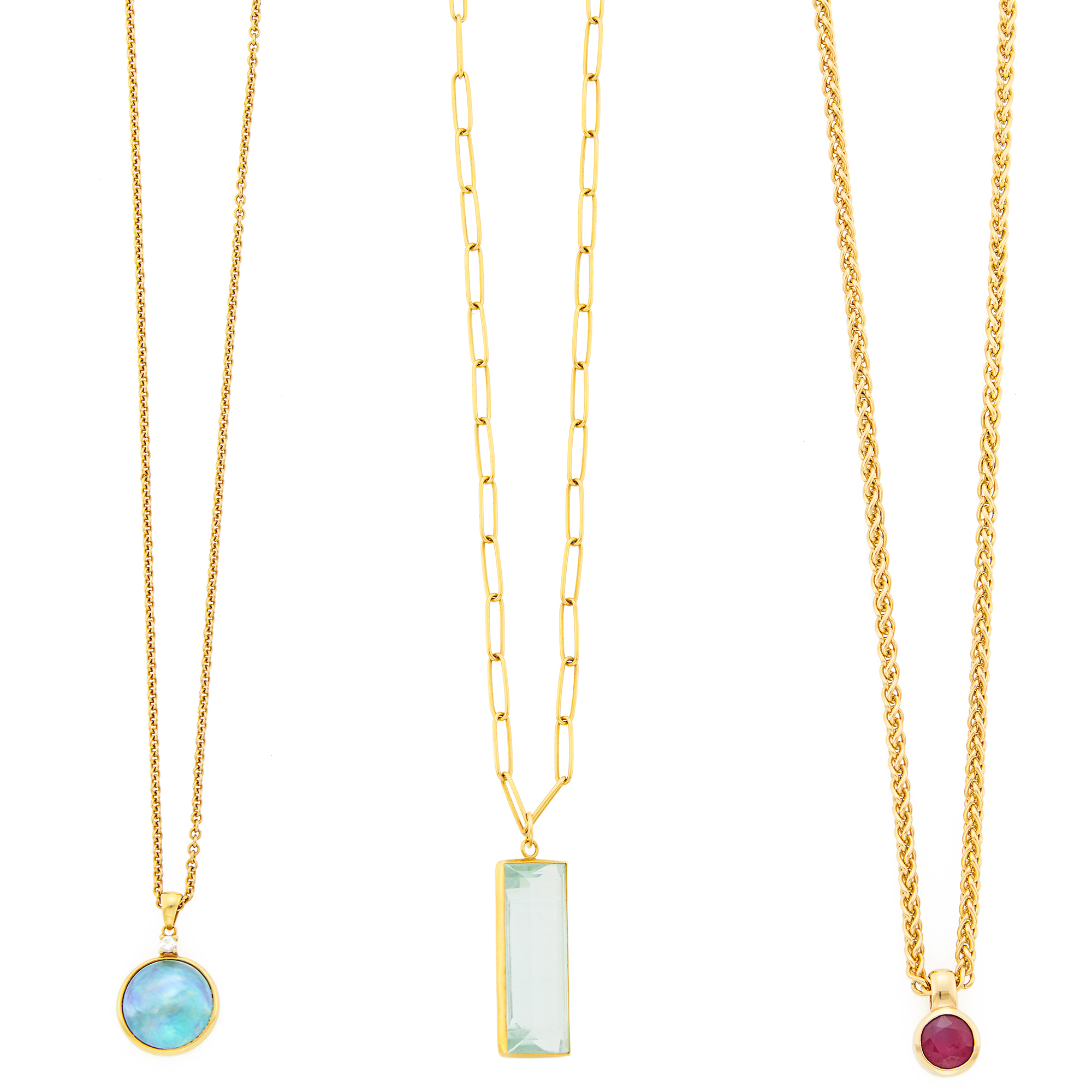 Lot image - Three Gold and Gem-Set Pendants with Chain Necklaces