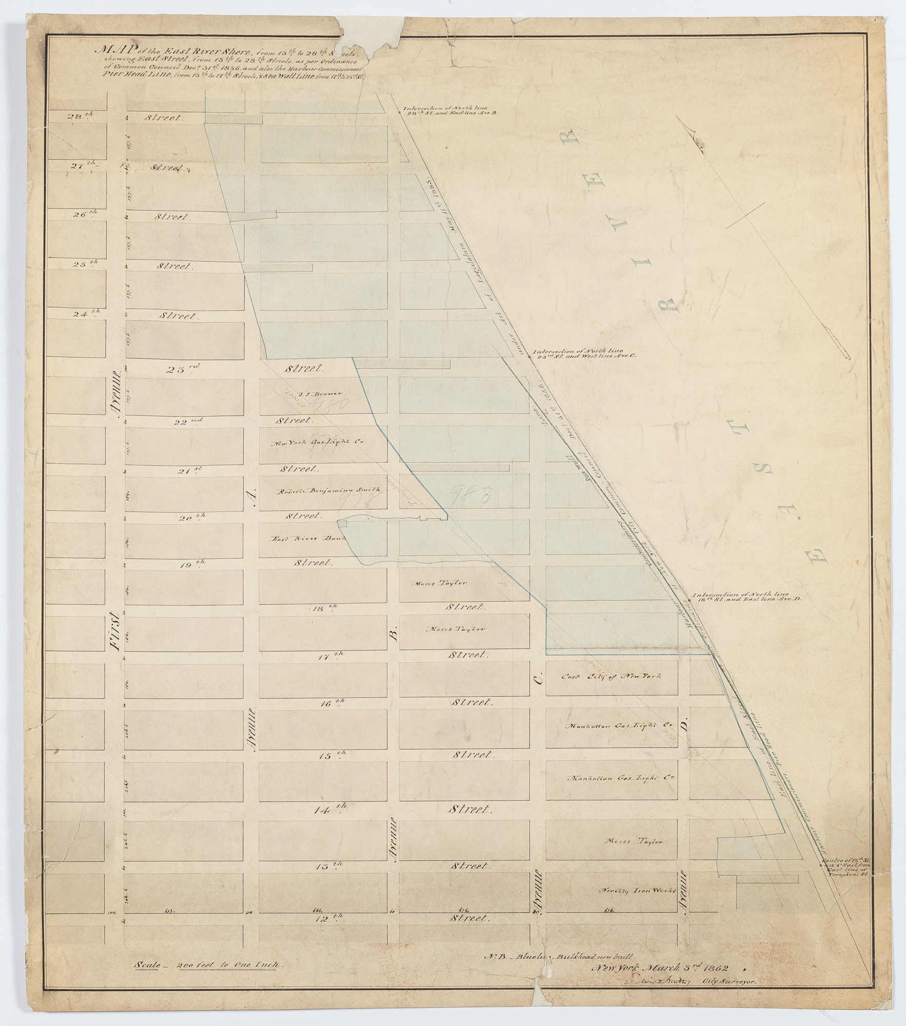 Lot image - [MAP - EAST RIVER SHORELINE] SMITH, EDWIN. Map of the East River Shore from 13th to the 28th Streets, Shewing East Street from...