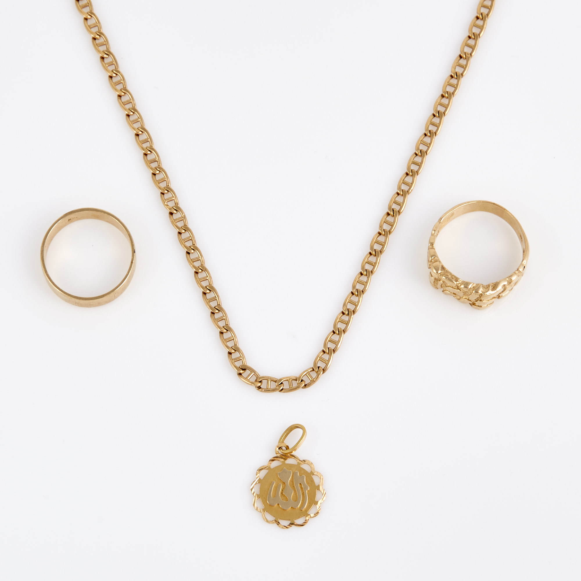 Lot image - Two Gold Rings, Pendant and Neck Chain, 18K 1 dwt. and 14K 11 dwt.