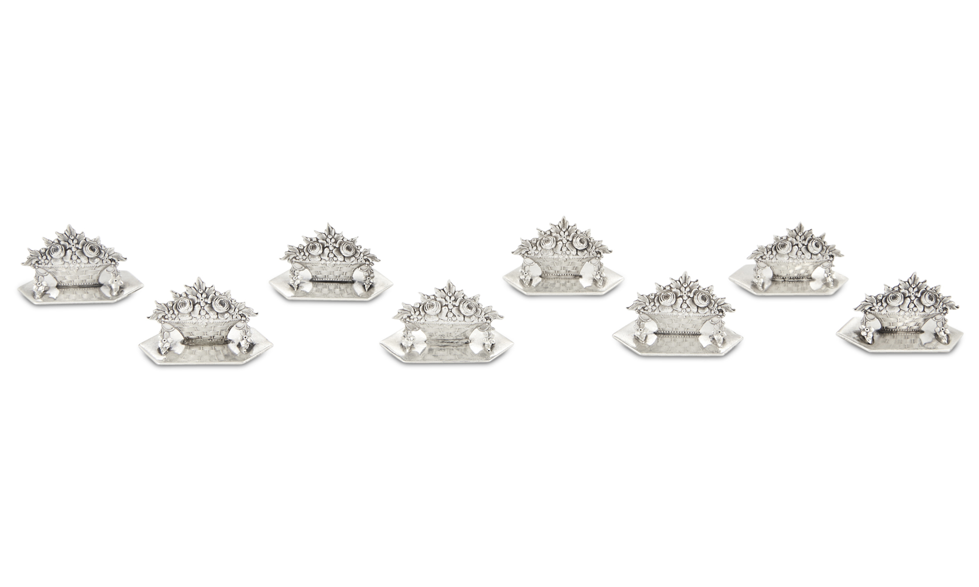 Lot image - Set of Eight American Sterling Silver Flower Basket Form Place Card Holders