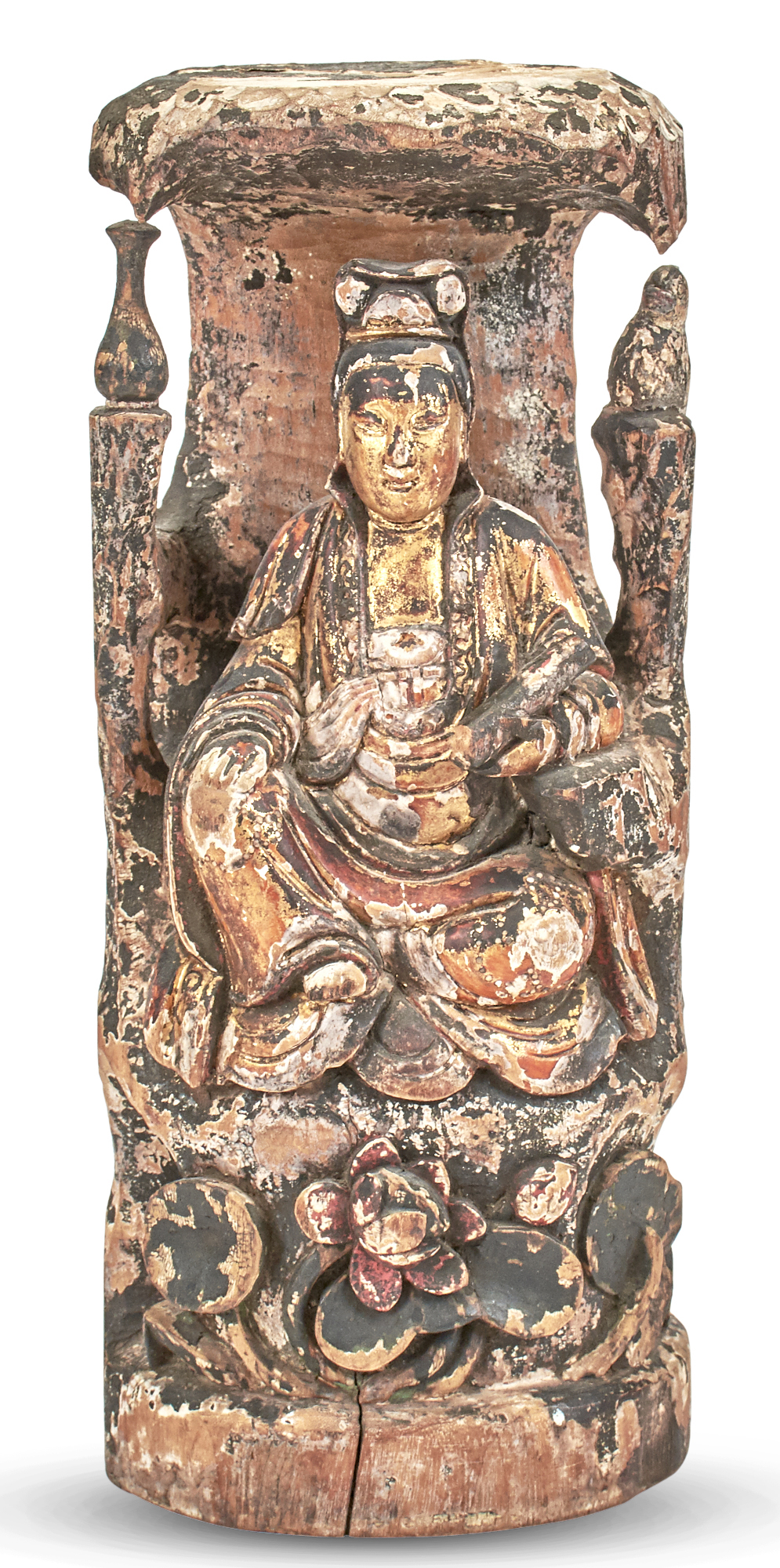 Lot image - A Chinese Carved and Gilded Wood Figure of Guanyin