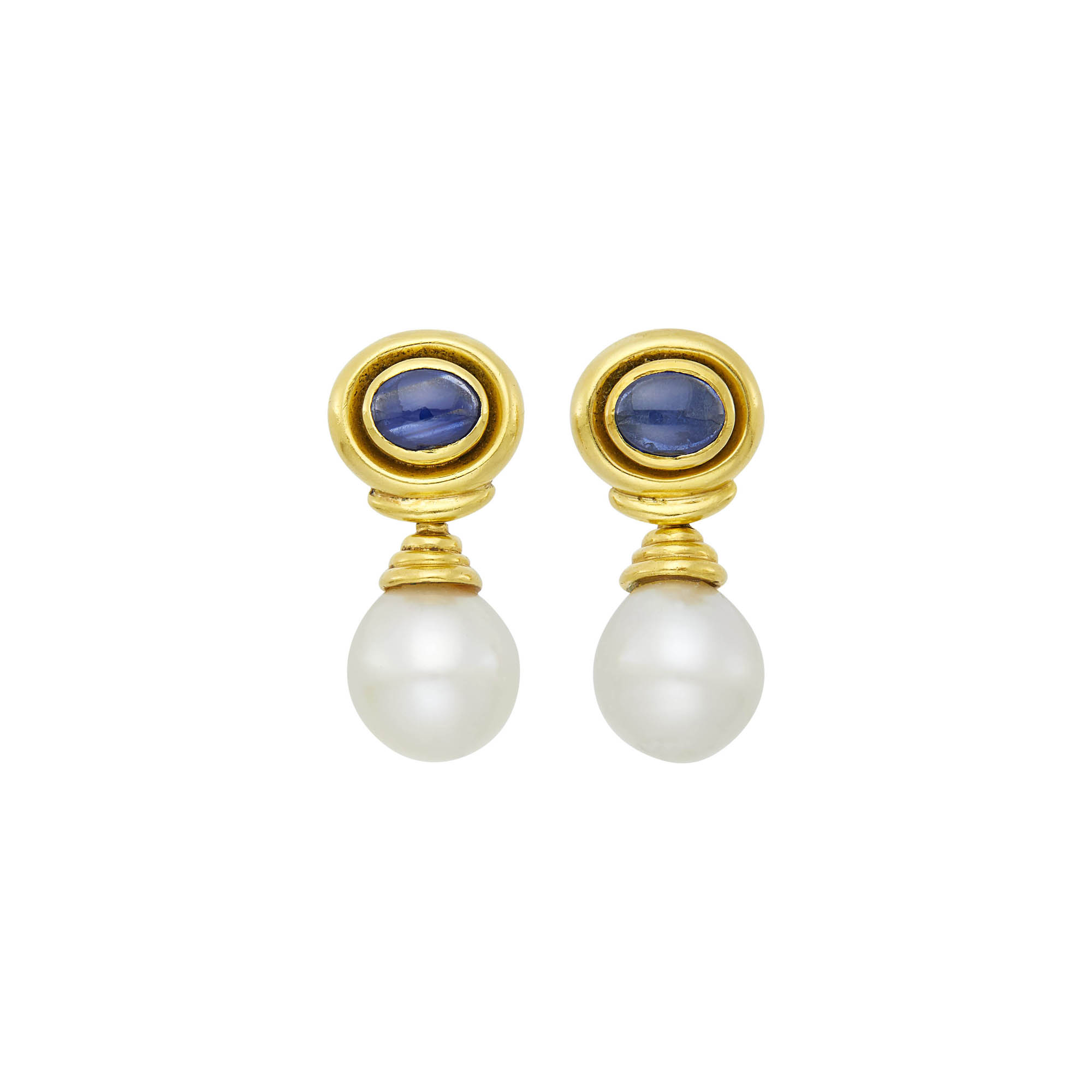 Lot image - Pair of Gold, Cabochon Sapphire and South Sea Cultured Pearl Earclips, France