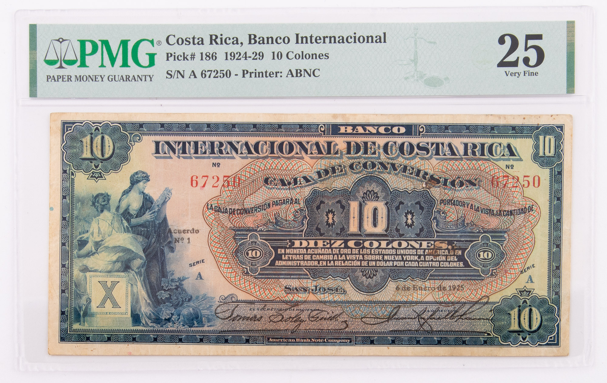 Lot image - Costa Rica, Banco Internacional 1924-29 Diez Colones Pick# 186 PMG 25