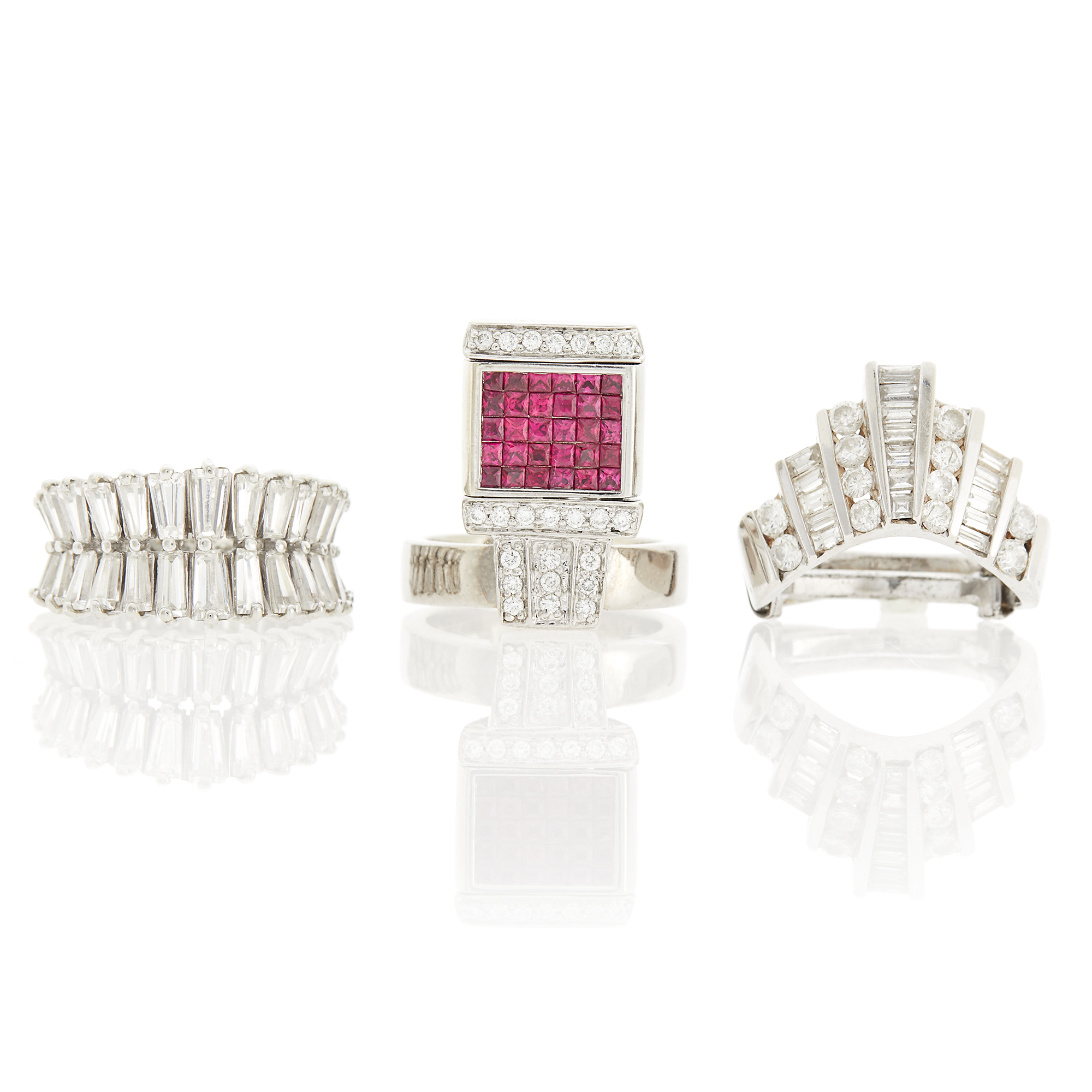 Lot image - Three White Gold, Diamond and Invisibly-Set Synthetic Ruby Rings