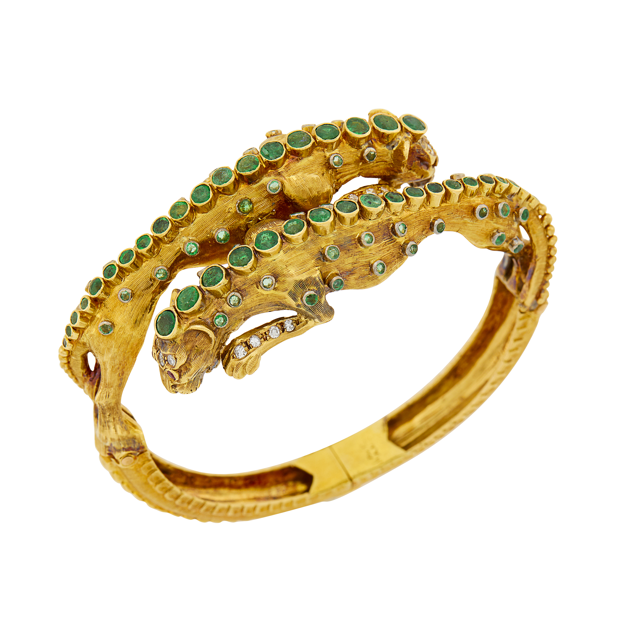 Lot image - Ilias Lalaounis Gold, Emerald and Diamond Panther Bangle Bracelet