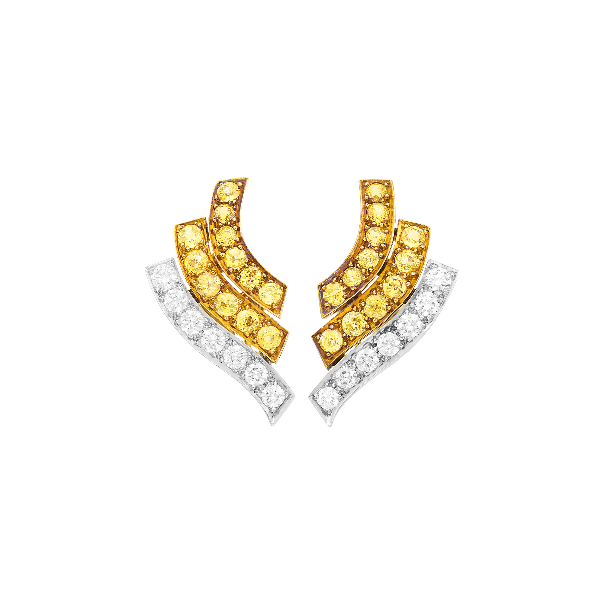 Lot image - Tambetti Pair of Two-Color Gold, Diamond and Yellow Sapphire Earrings