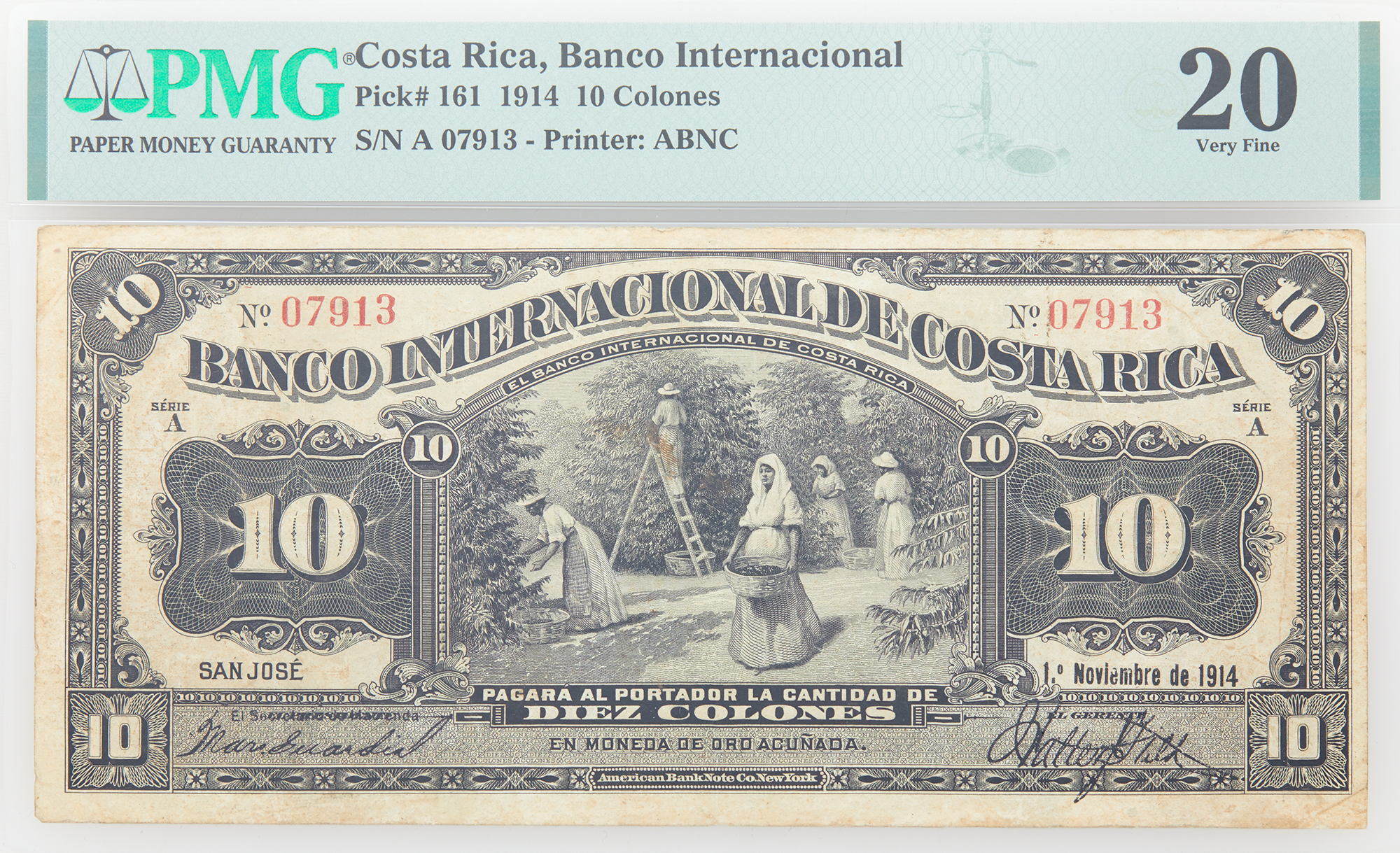 Lot image - Costa Rica, Banco Internacional 1914 Diez Colones Pick# 161 PMG 20
