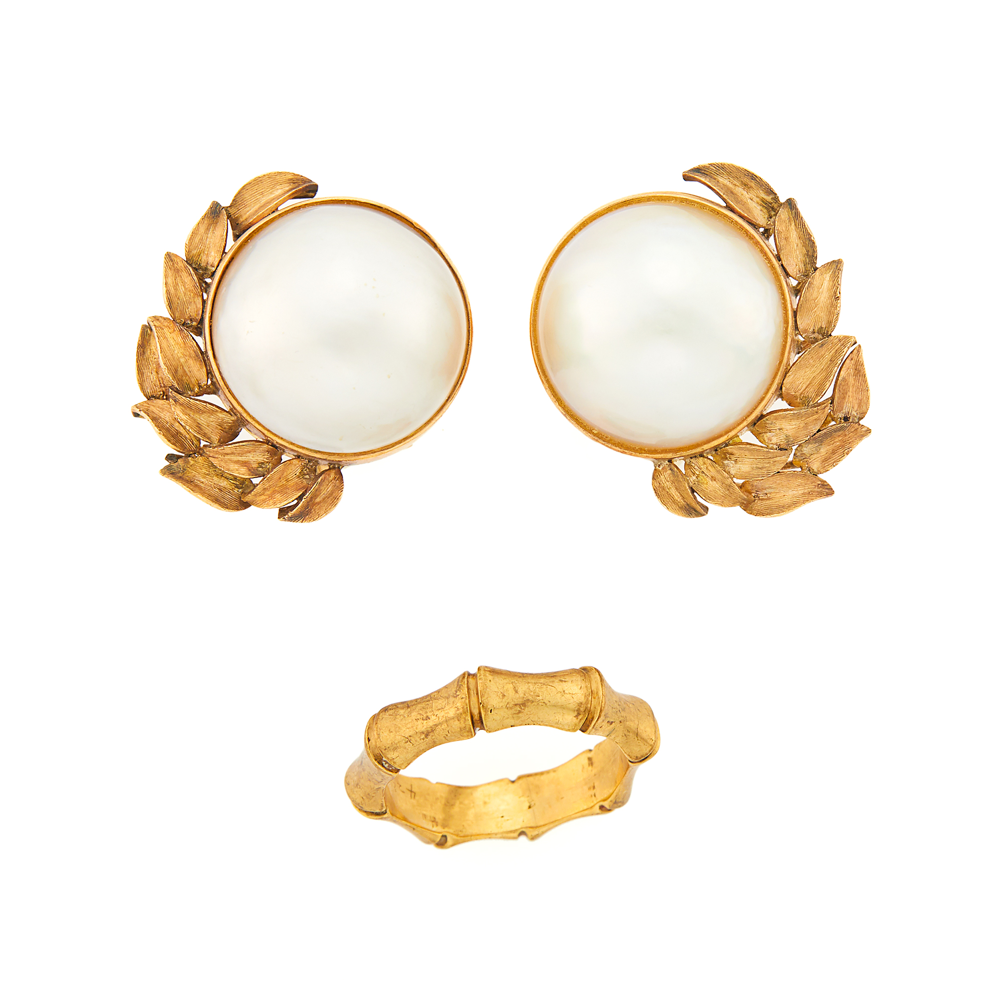 Lot image - Pair of Gold and Mabé Pearl Earclips and Tiffany & Co. Bamboo Band Ring
