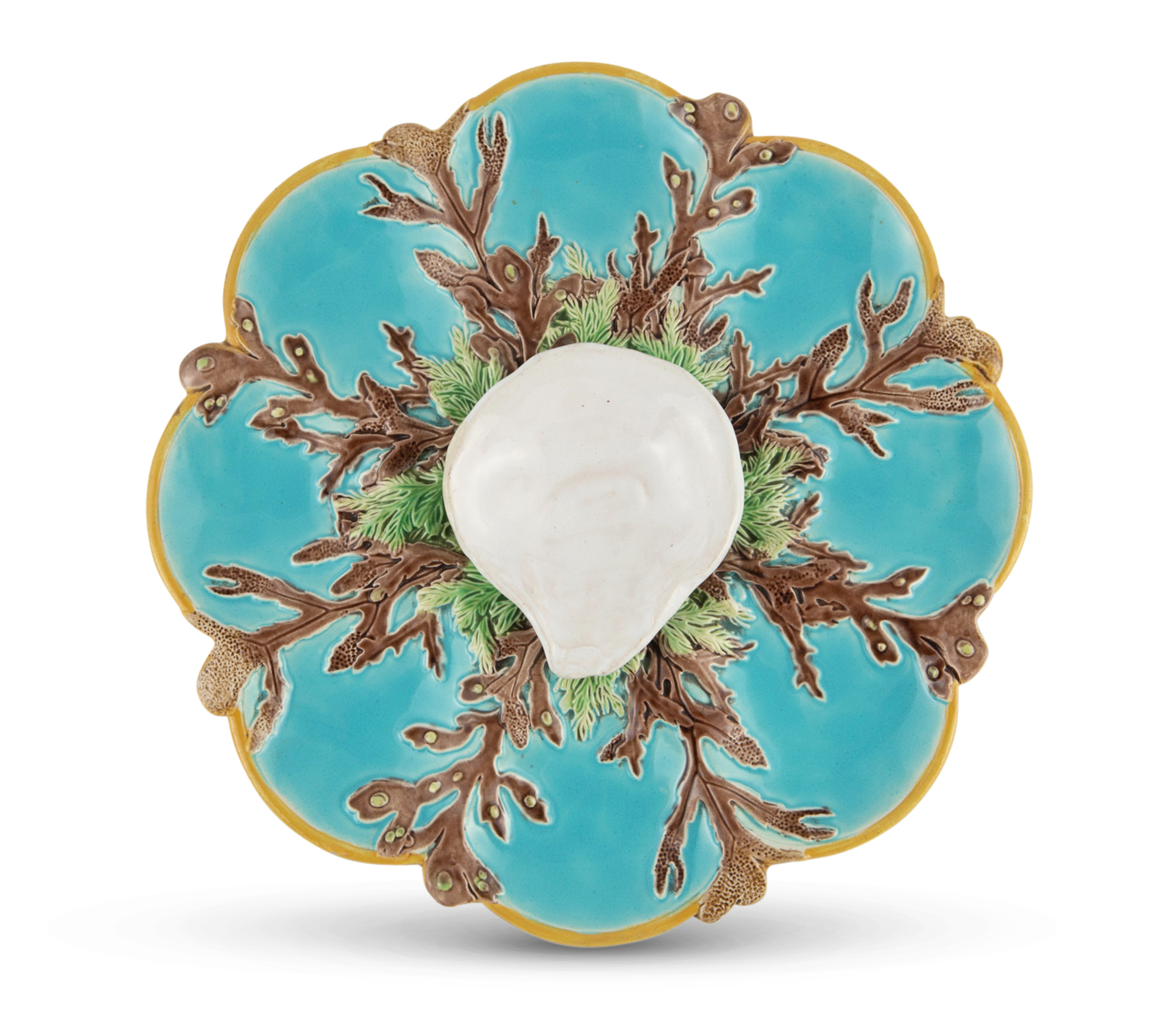 Lot image - George Jones Majolica Turquoise-Ground Eight-Pocket Oyster Plate