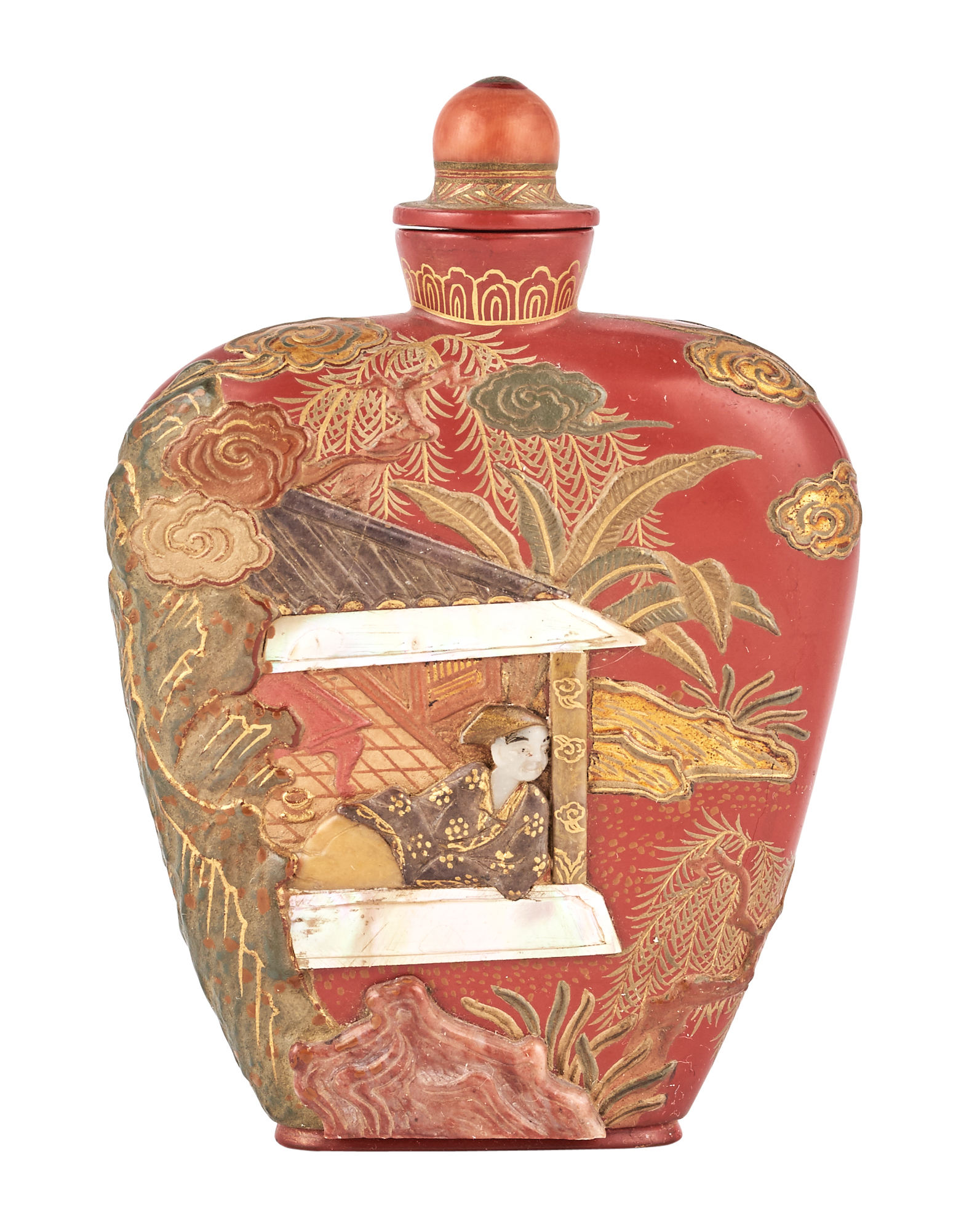 Lot image - An Embellished Red Lacquer Snuff Bottle