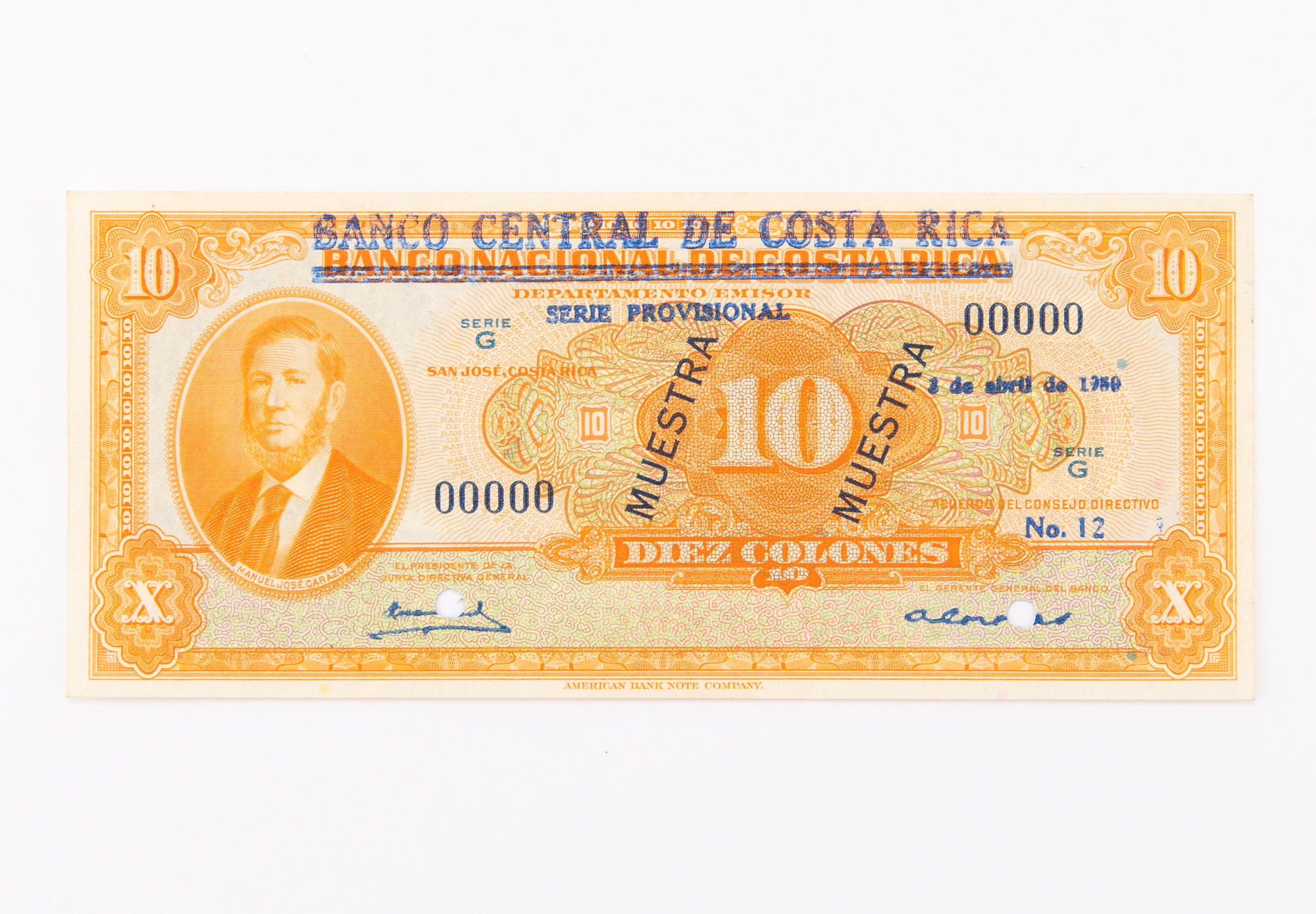 Lot image - Costa Rica, Banco Central Diez Colones 3.4.1950 Specimen Note Pick# 216s