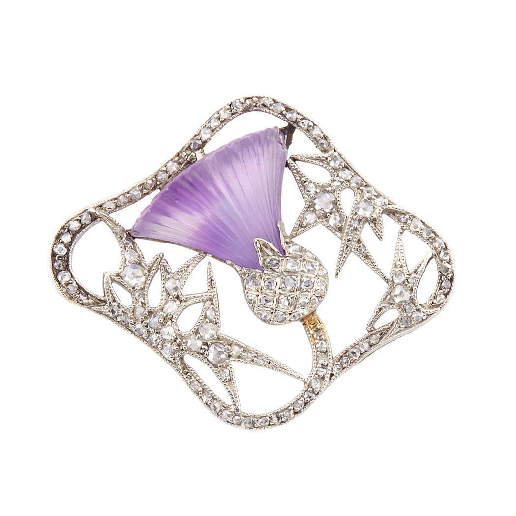Lot image - Edwardian Platinum, Carved Amethyst and Diamond Thistle Brooch