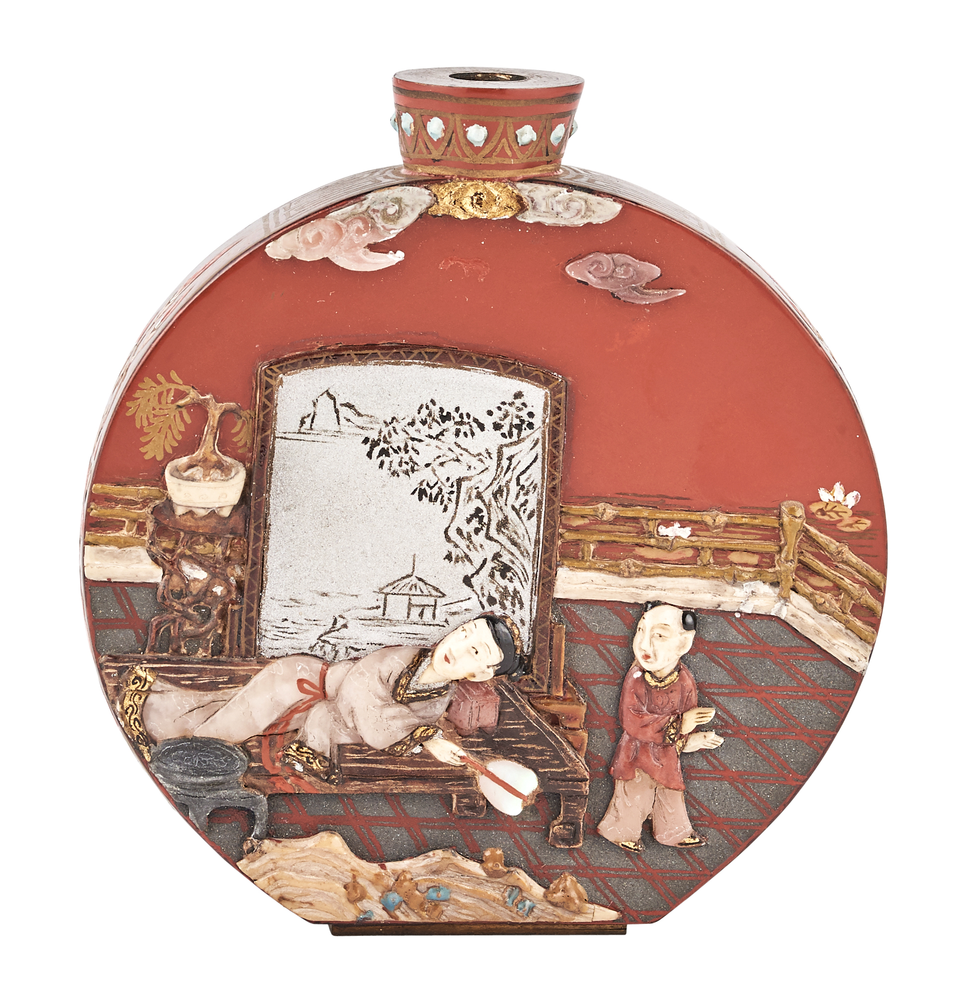 Lot image - An Embellished Red lacquer Snuff Bottle