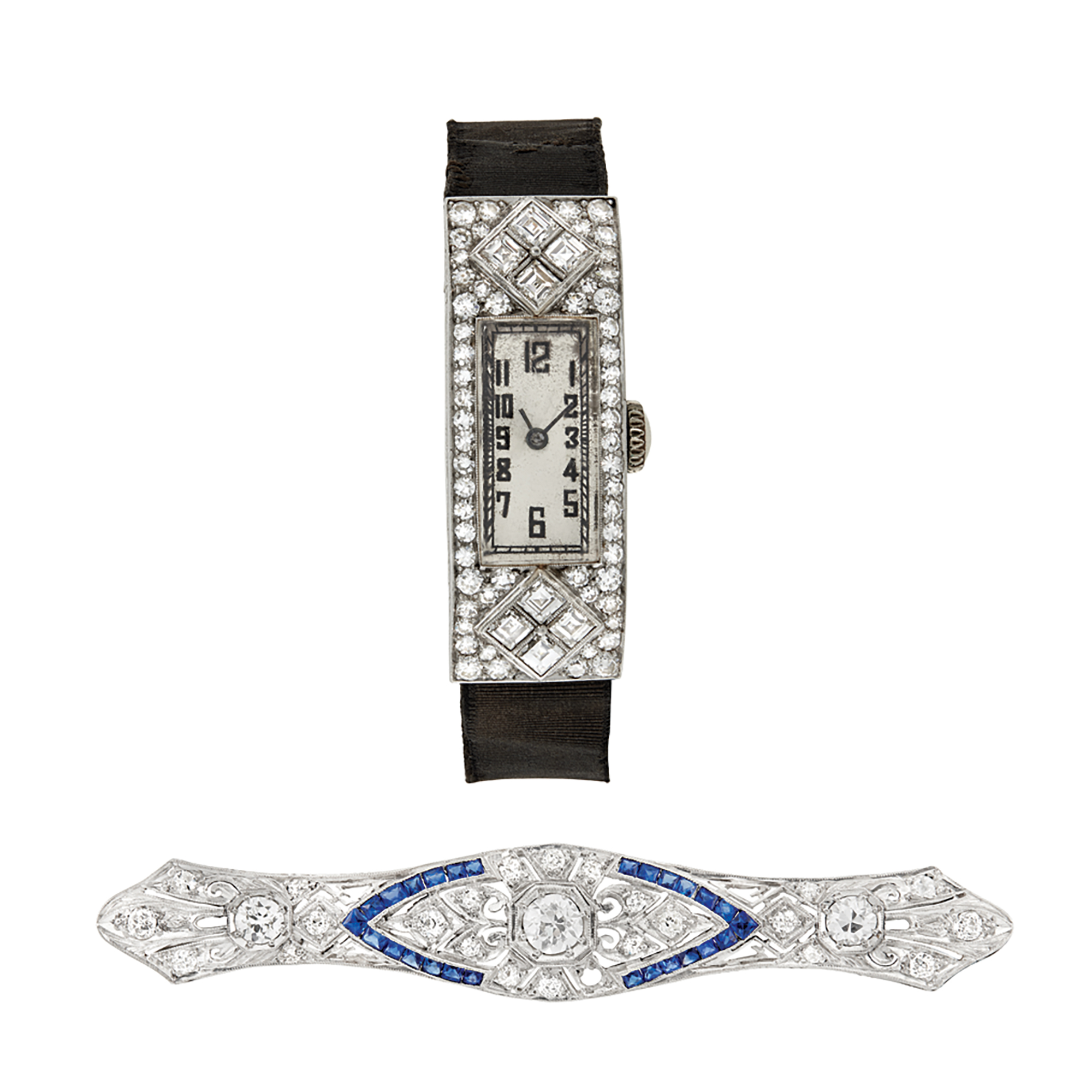 Lot image - Platinum, Diamond and Sapphire Bar Pin and Art Deco Platinum and Diamond Wristwatch