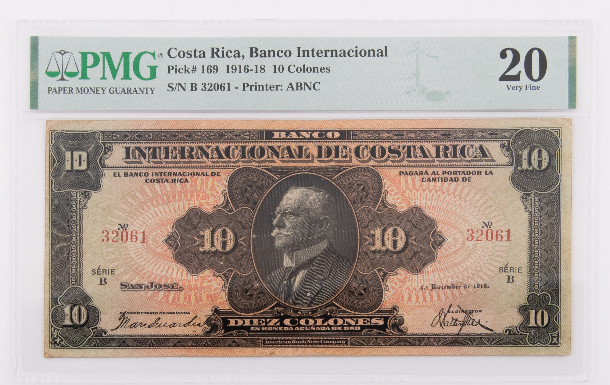Lot image - Costa Rica, Banco Internacional 1916-18 Diez Colones Pick# 169 PMG 20
