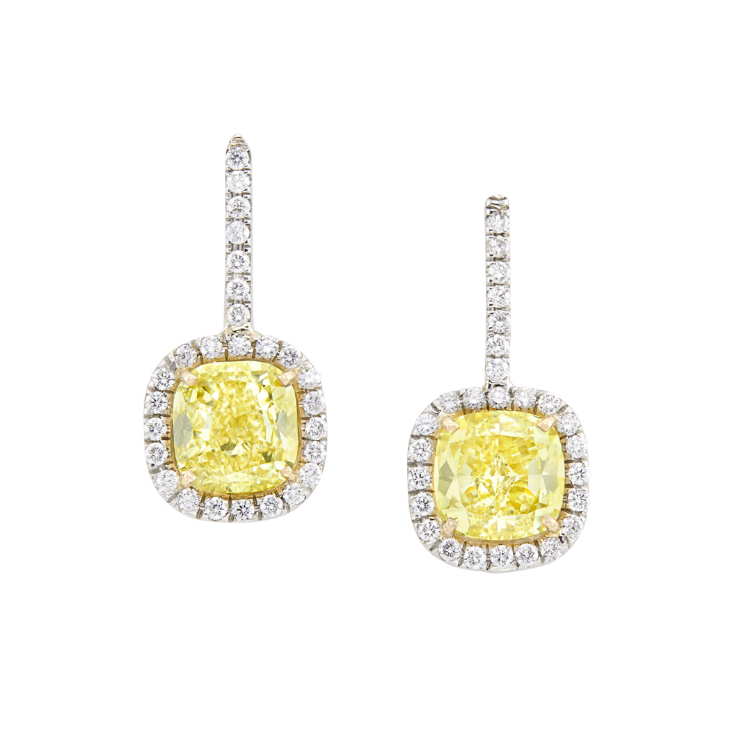 Lot image - Pair of Platinum, Gold, Fancy Yellow Diamond and Diamond Earrings