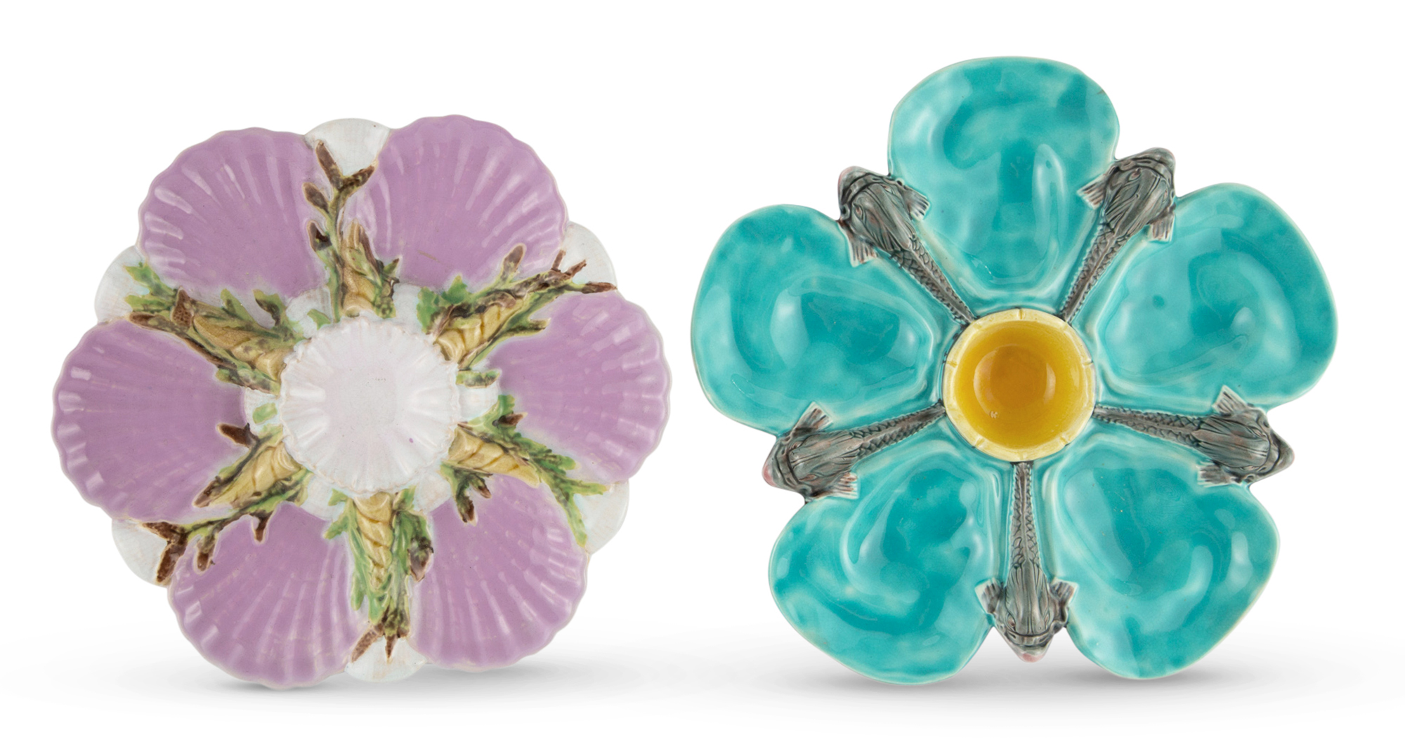 Lot image - Josiah Wedgwood & Sons Majolica Turquoise-Ground Dolphin Fish and Shell Five-Pocket Oyster Plate