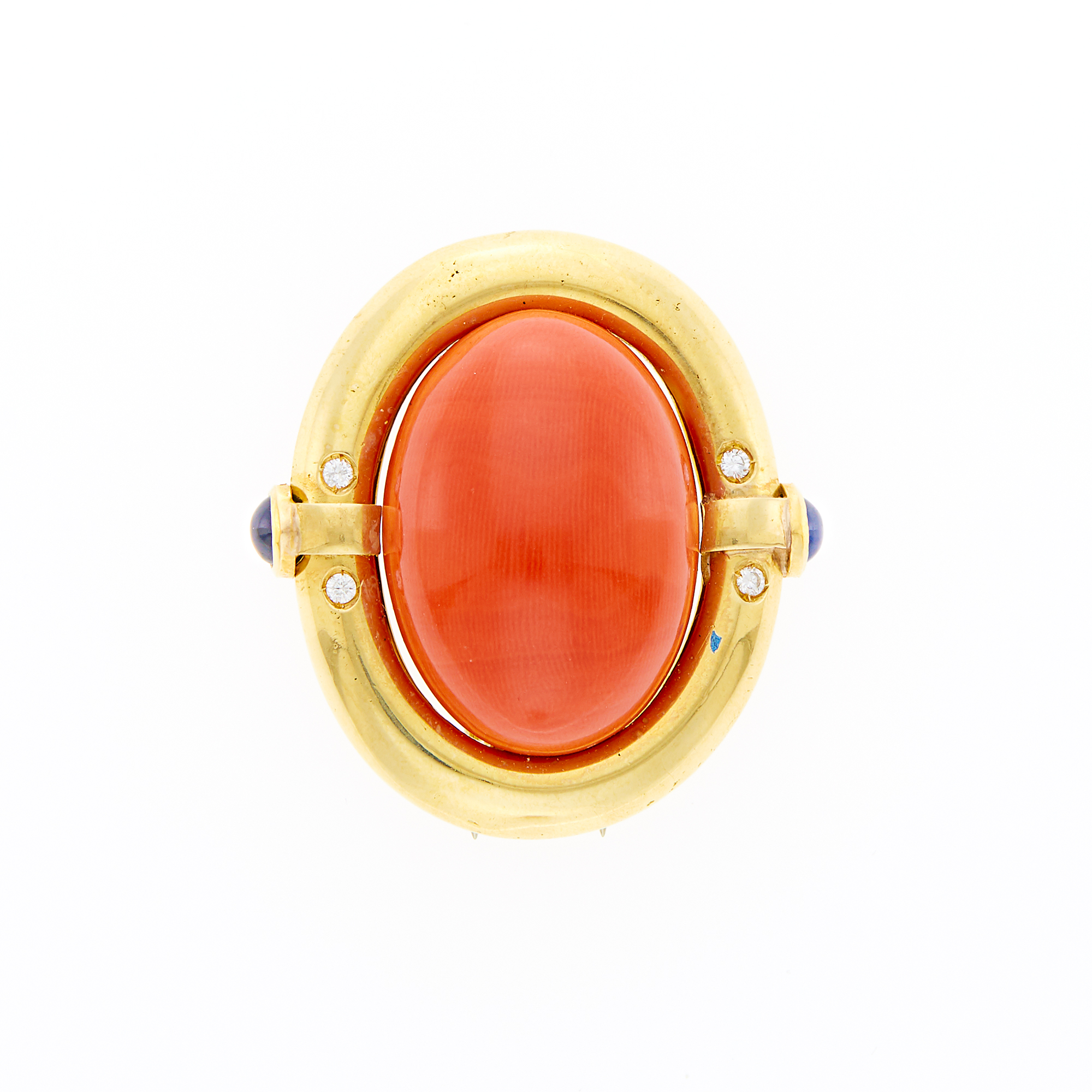 Lot image - Gold, Coral, Diamond and Cabochon Sapphire Clip-Brooch